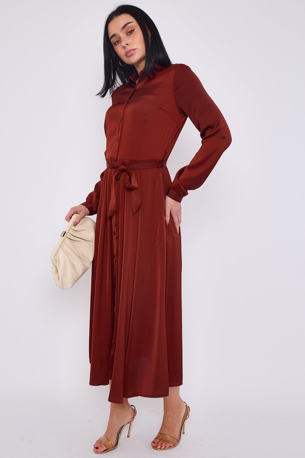 8Pcs Rust Layered Satin Long Sleeve Maxi Shirt Dress