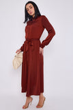 8Pcs Rust Layered Satin Long Sleeve Maxi Shirt Dress