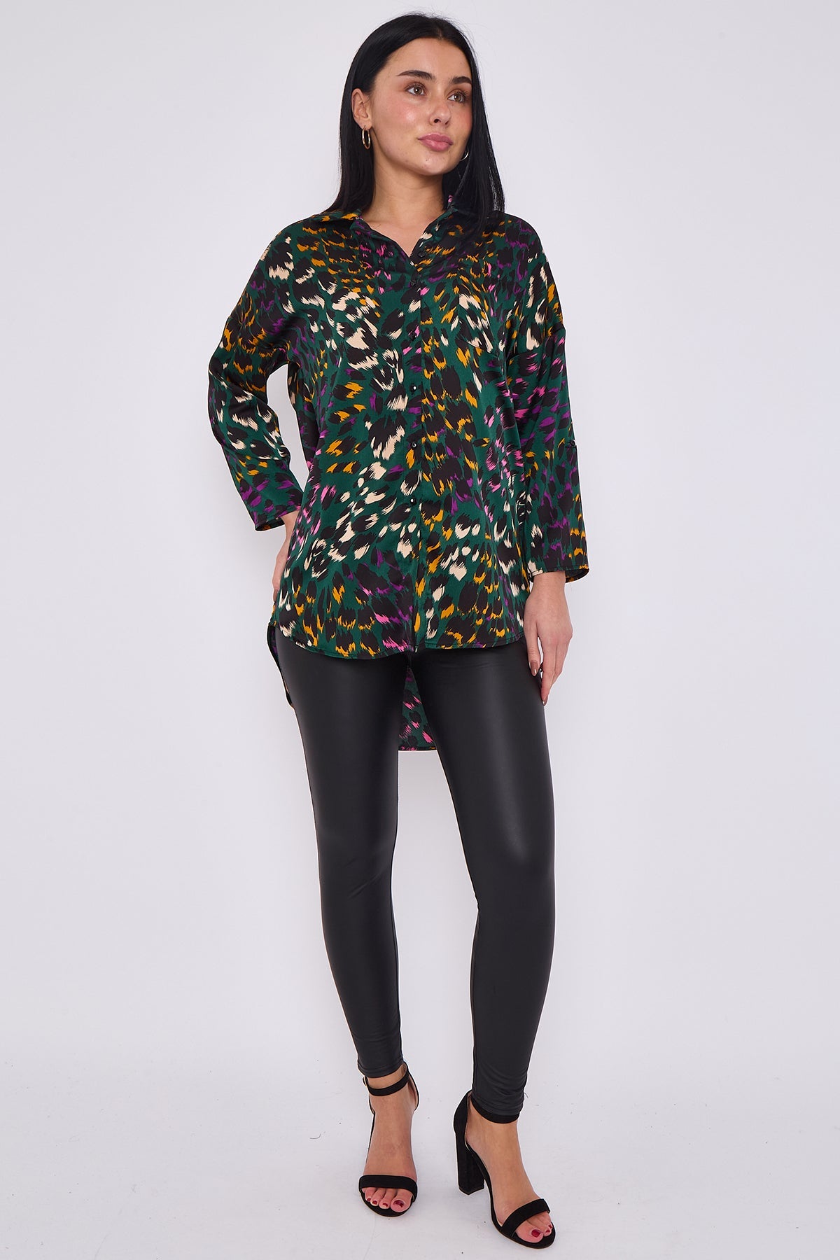8Pcs Emerald Leopard Print Satin Oversized Shirt