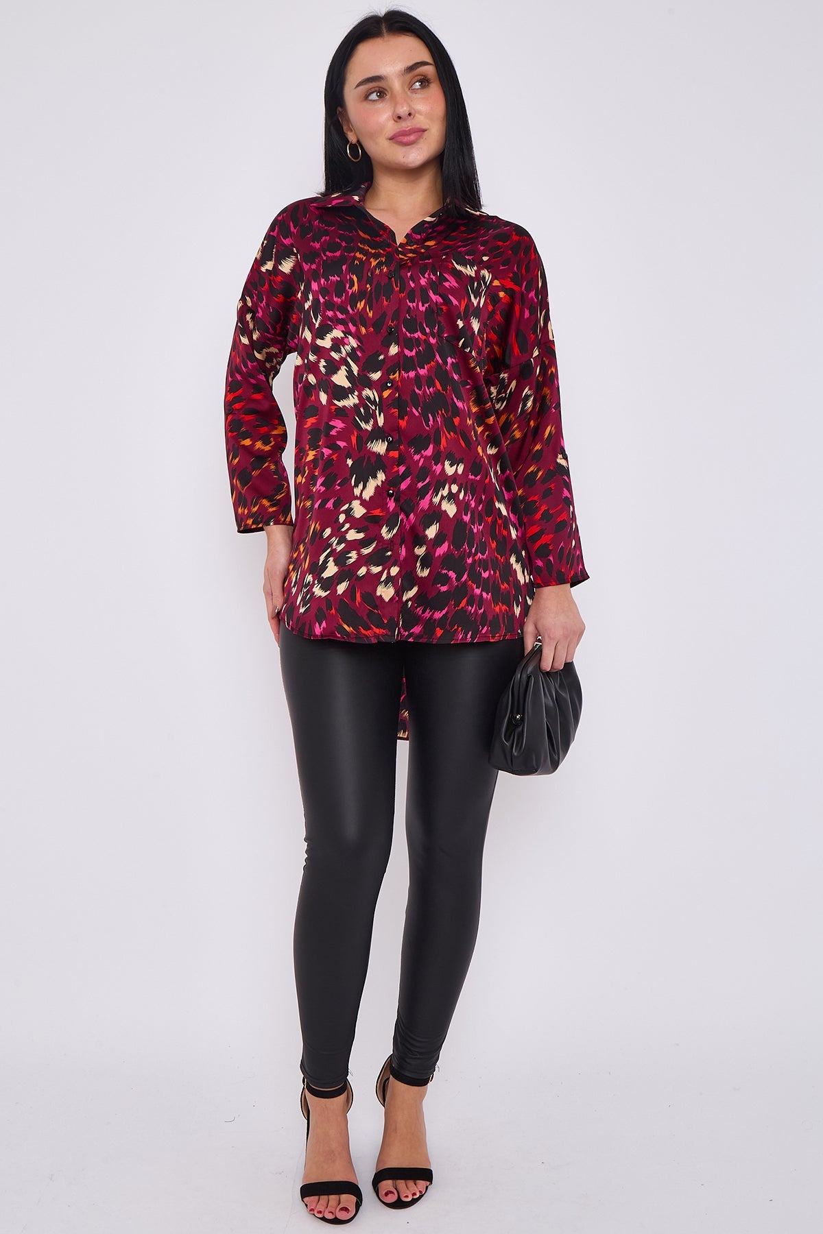 8pcs Wine Leopard Print Satin Oversized Shirt