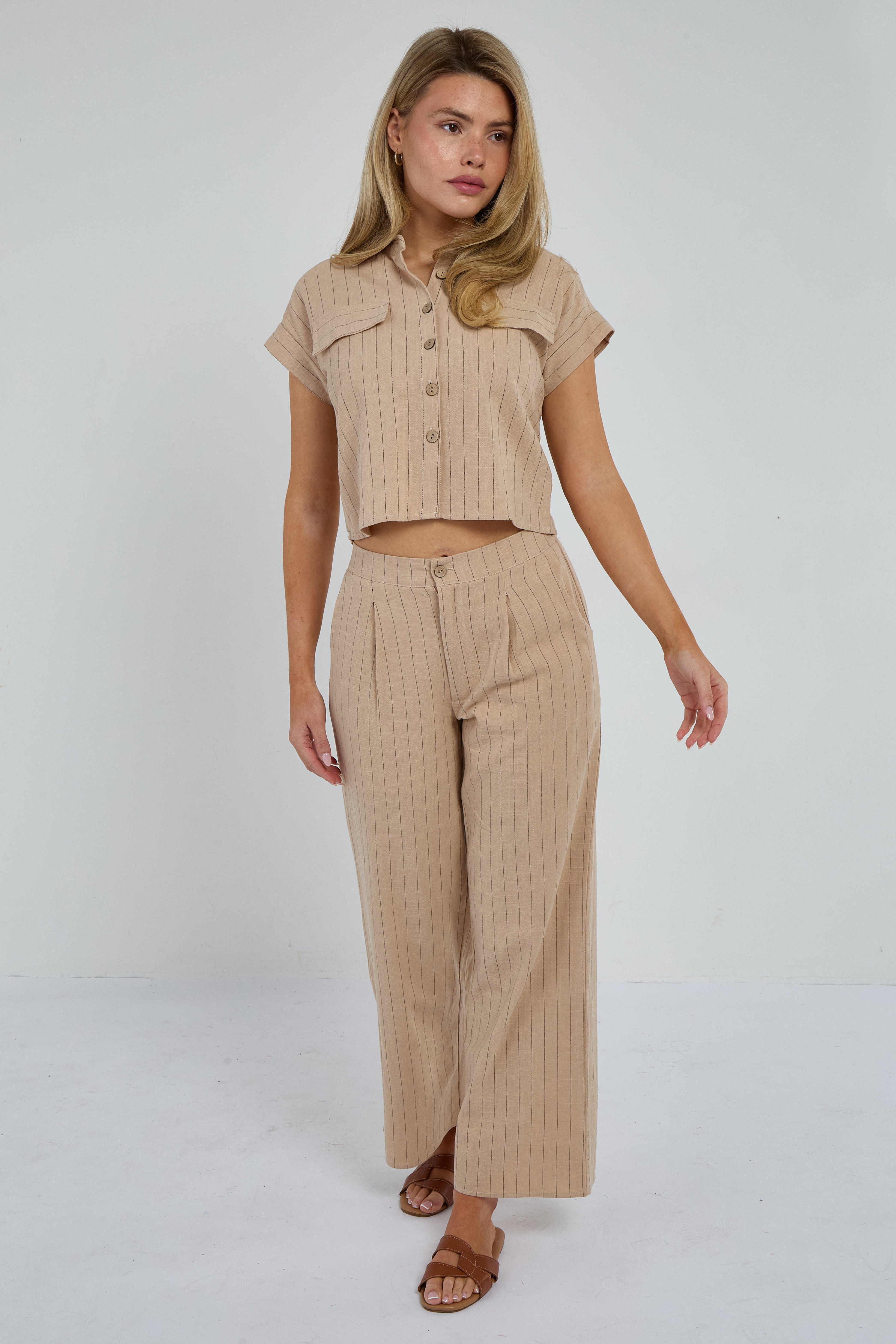 6Pcs Beige Pinstripe Linen Shirt and Trousers set