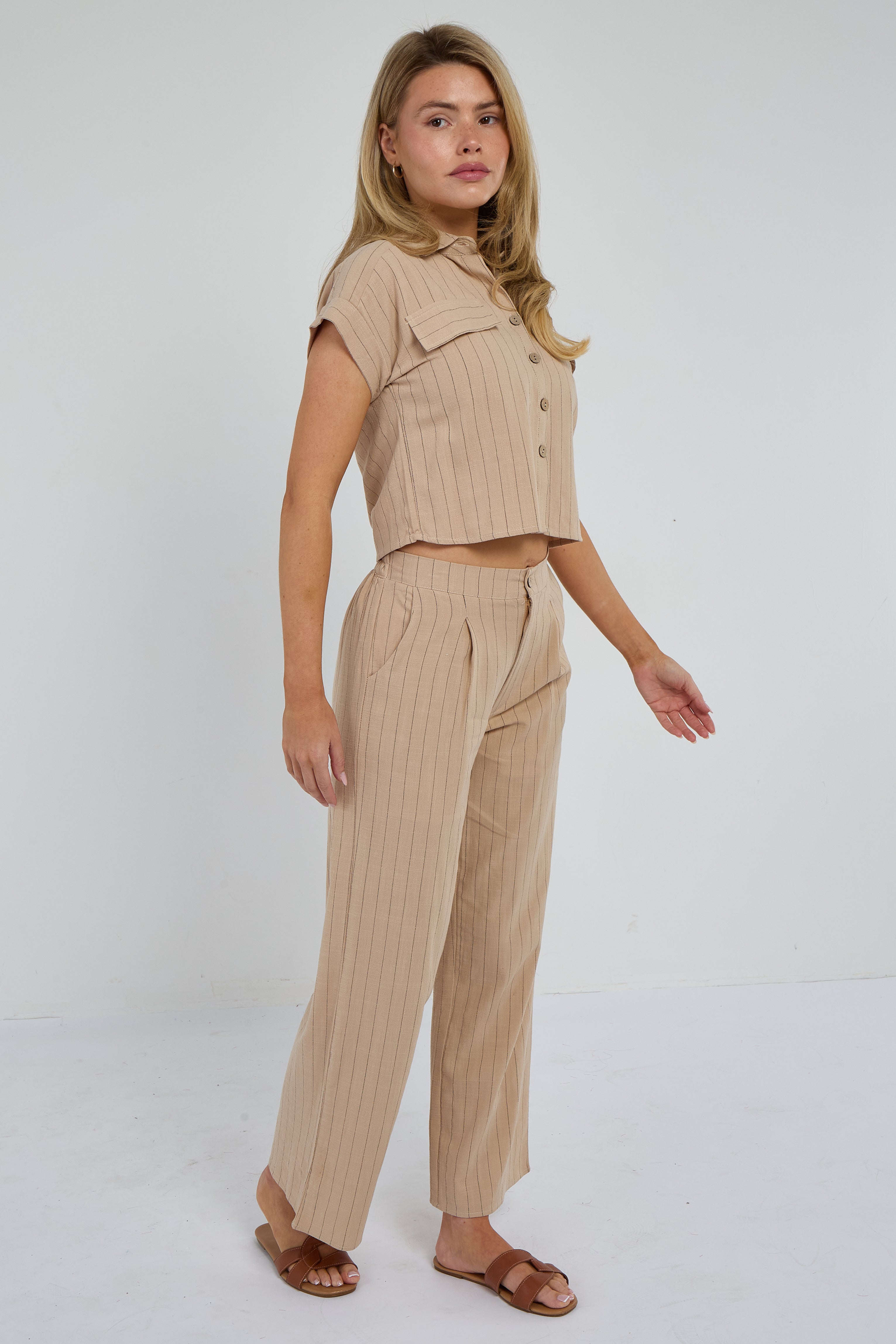 6Pcs Beige Pinstripe Linen Shirt and Trousers set