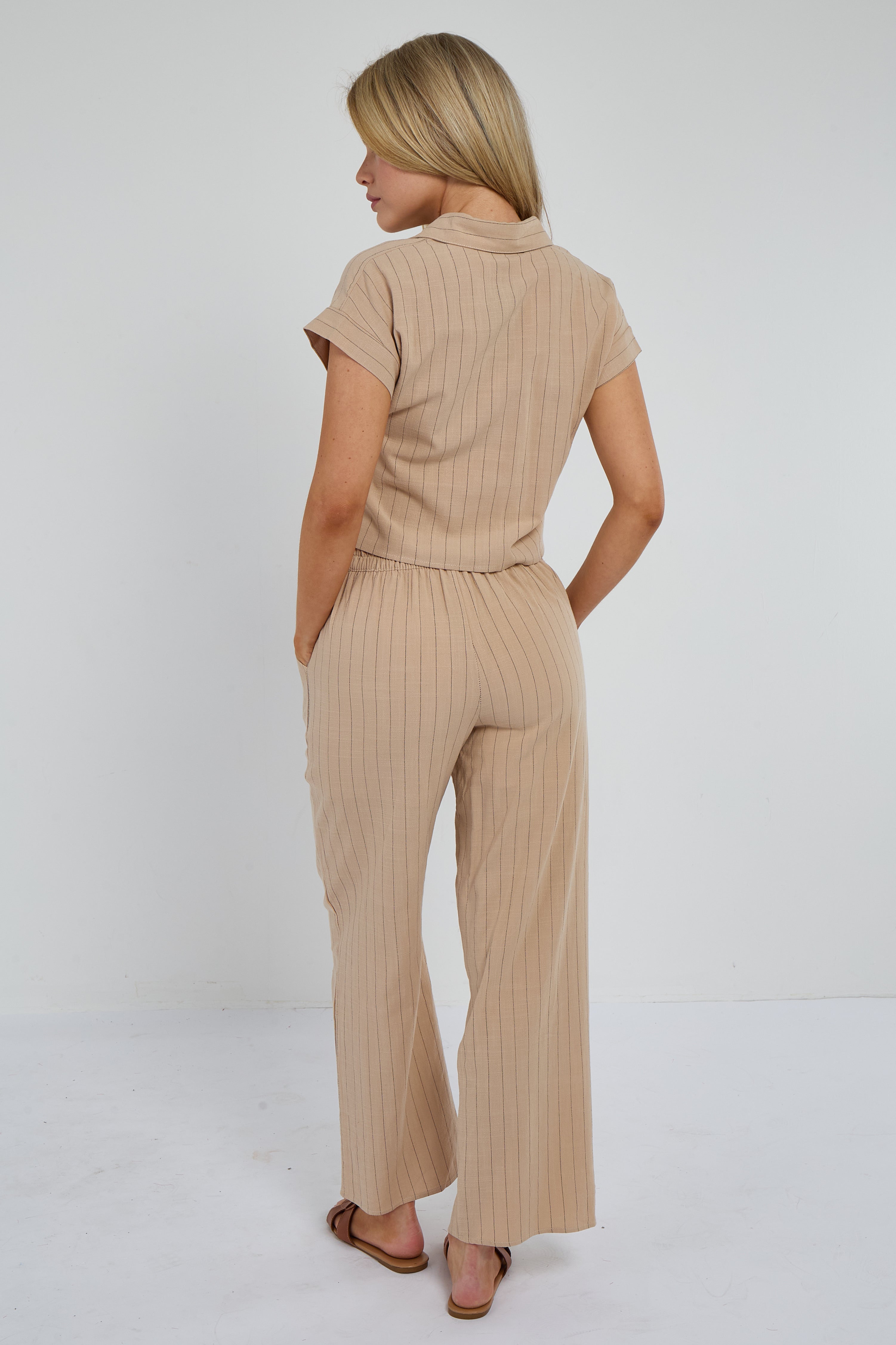 6Pcs Beige Pinstripe Linen Shirt and Trousers set