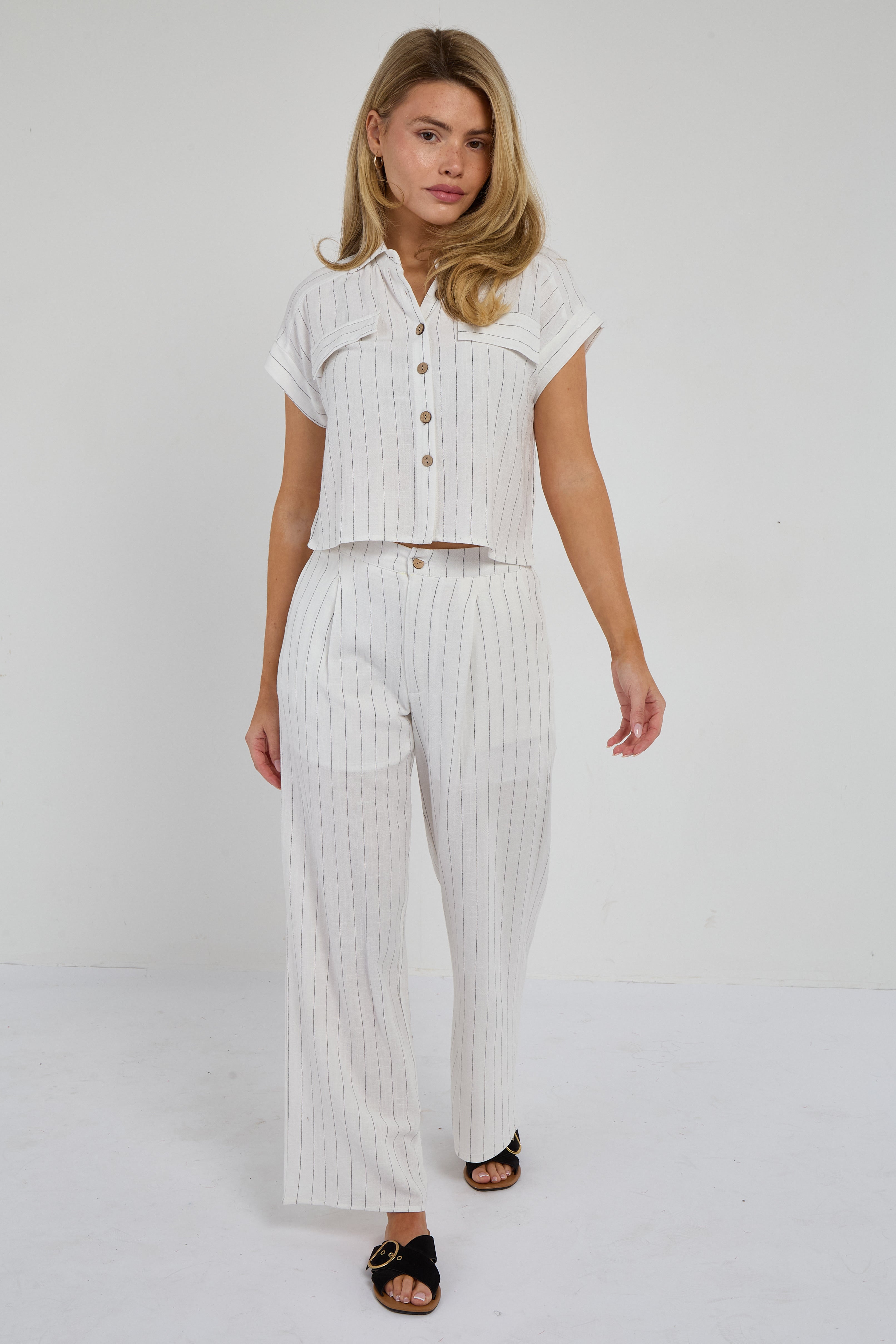 6Pcs White Pinstripe Linen Shirt and Trousers set