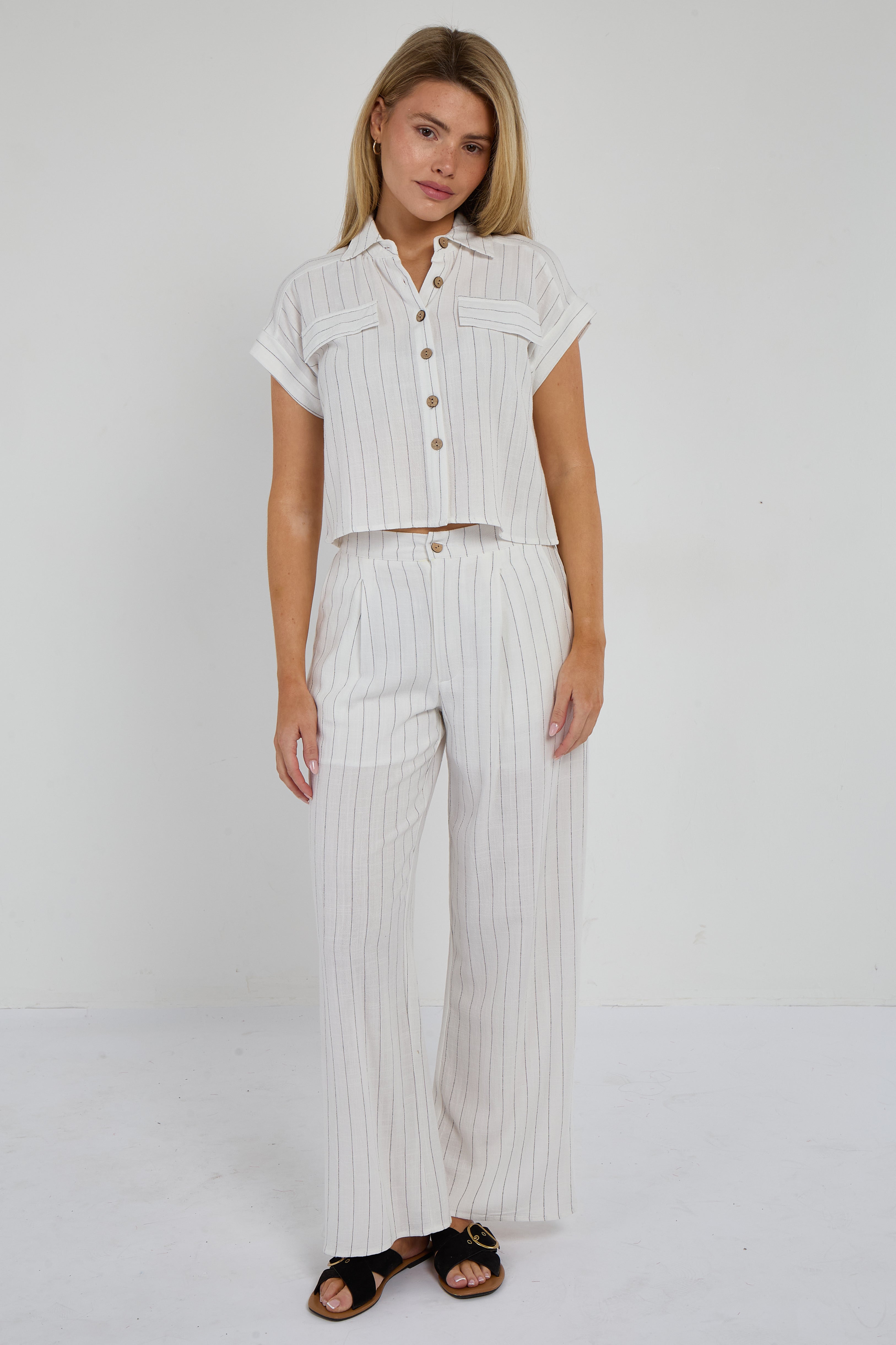 6Pcs White Pinstripe Linen Shirt and Trousers set