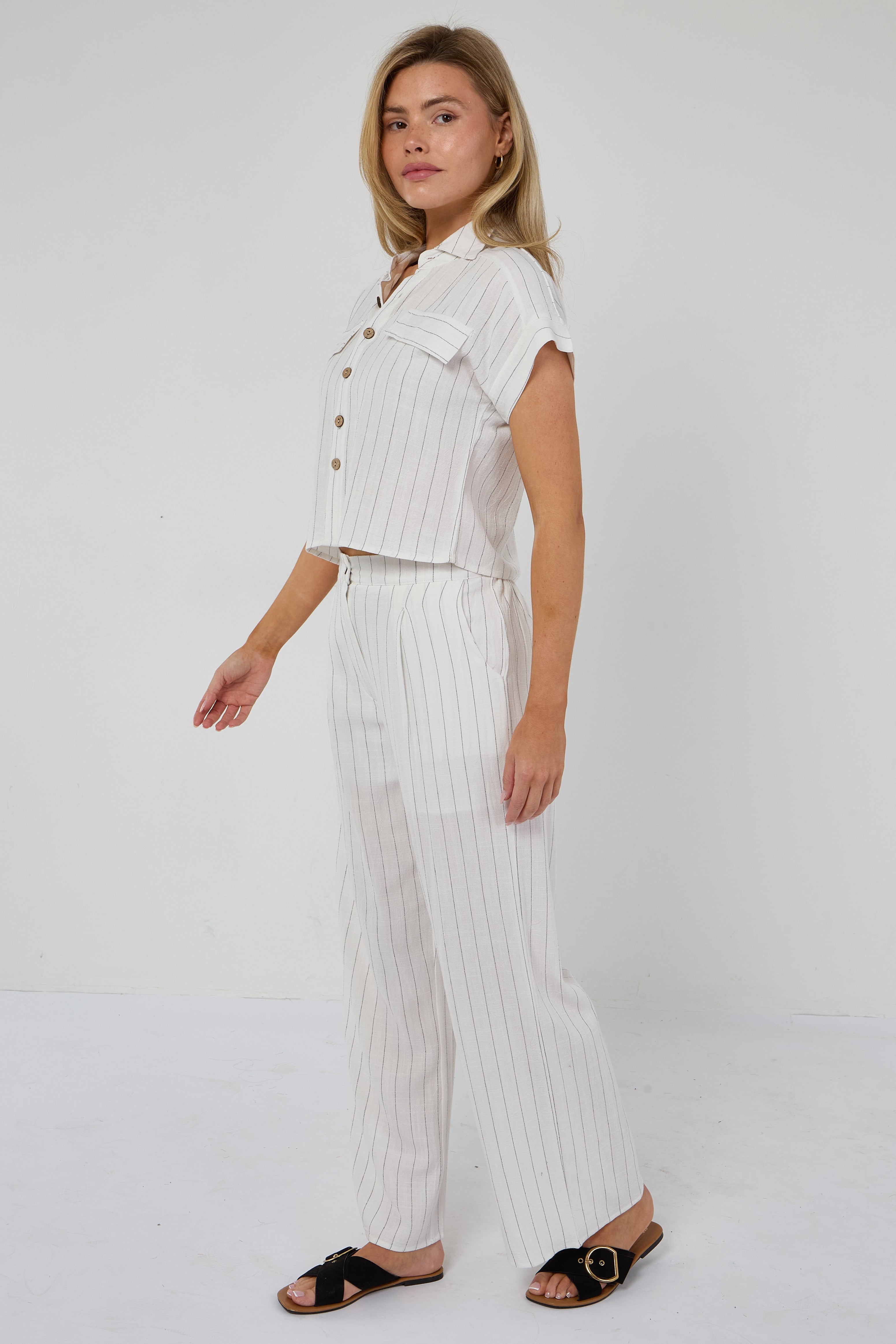 6Pcs White Pinstripe Linen Shirt and Trousers set