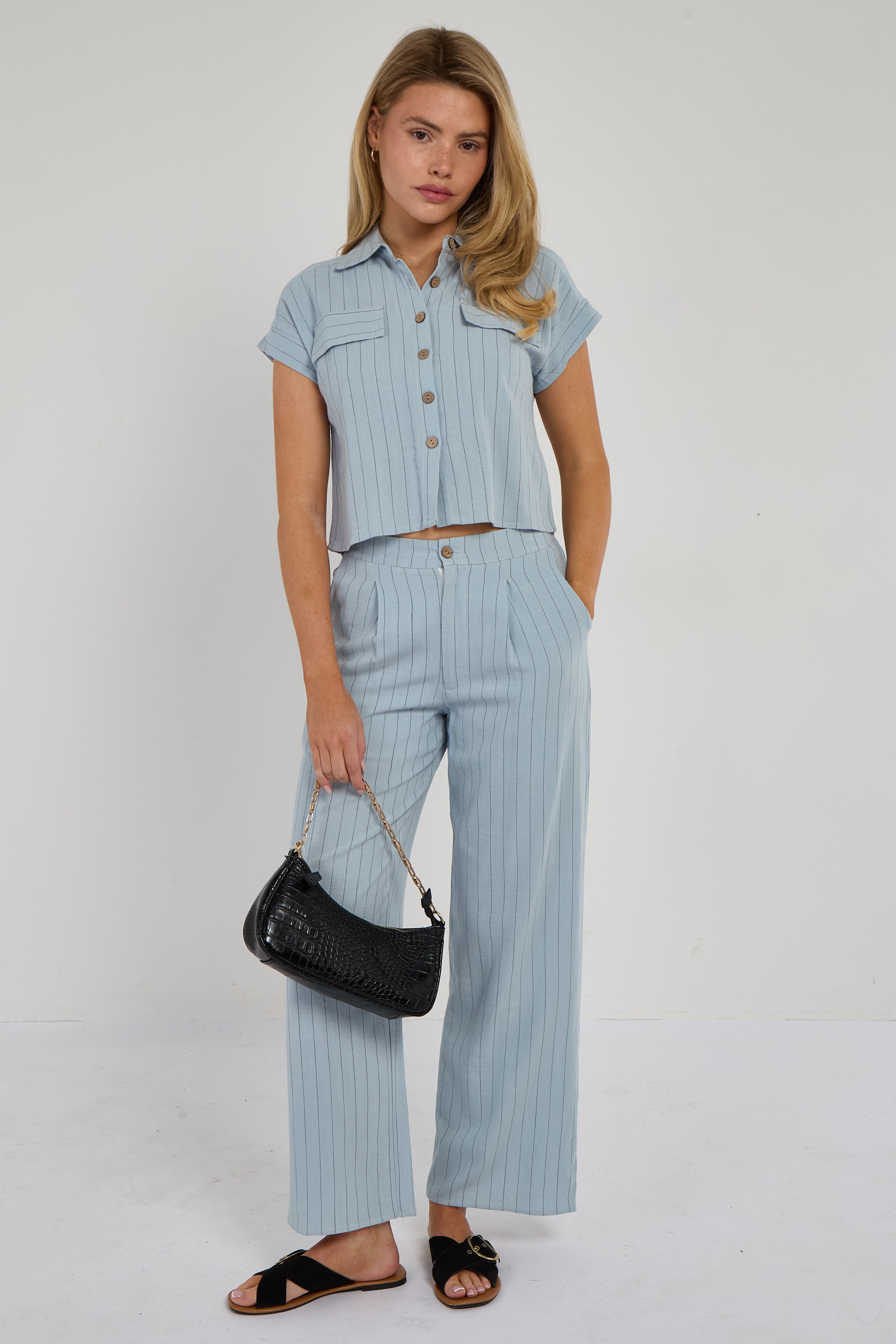 6Pcs Baby Blue Pinstripe Linen Shirt and Trousers set