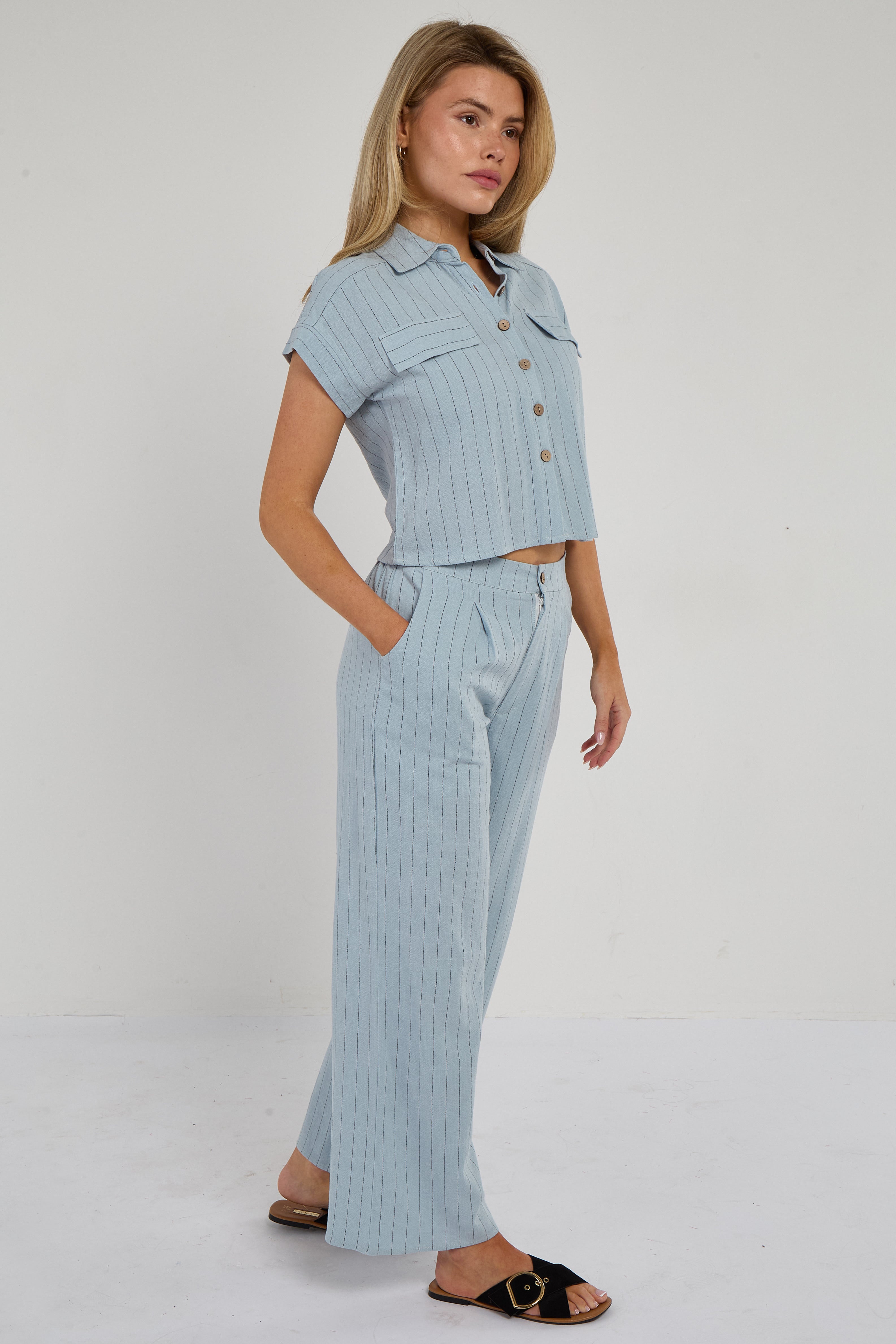 6Pcs Baby Blue Pinstripe Linen Shirt and Trousers set