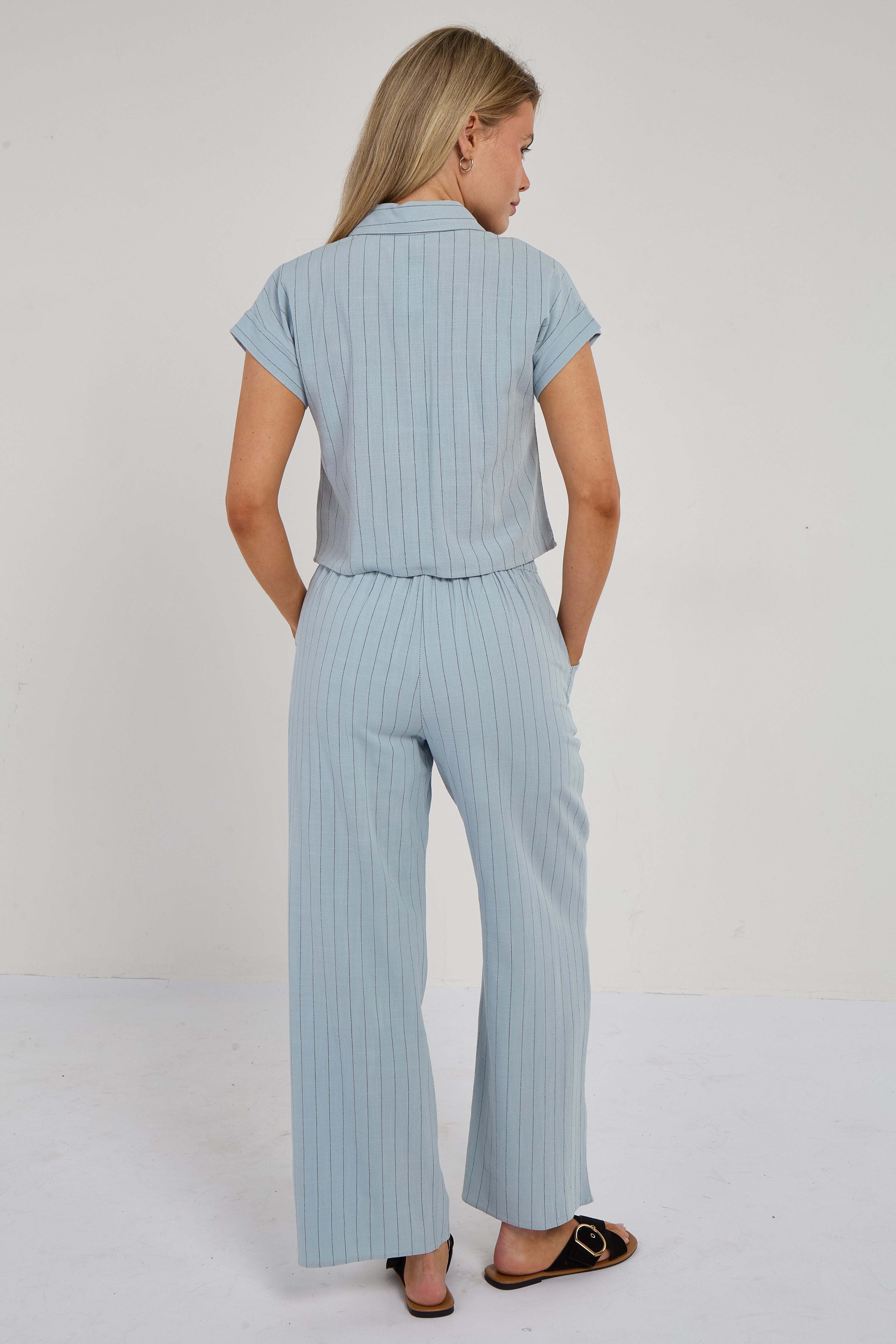 6Pcs Baby Blue Pinstripe Linen Shirt and Trousers set