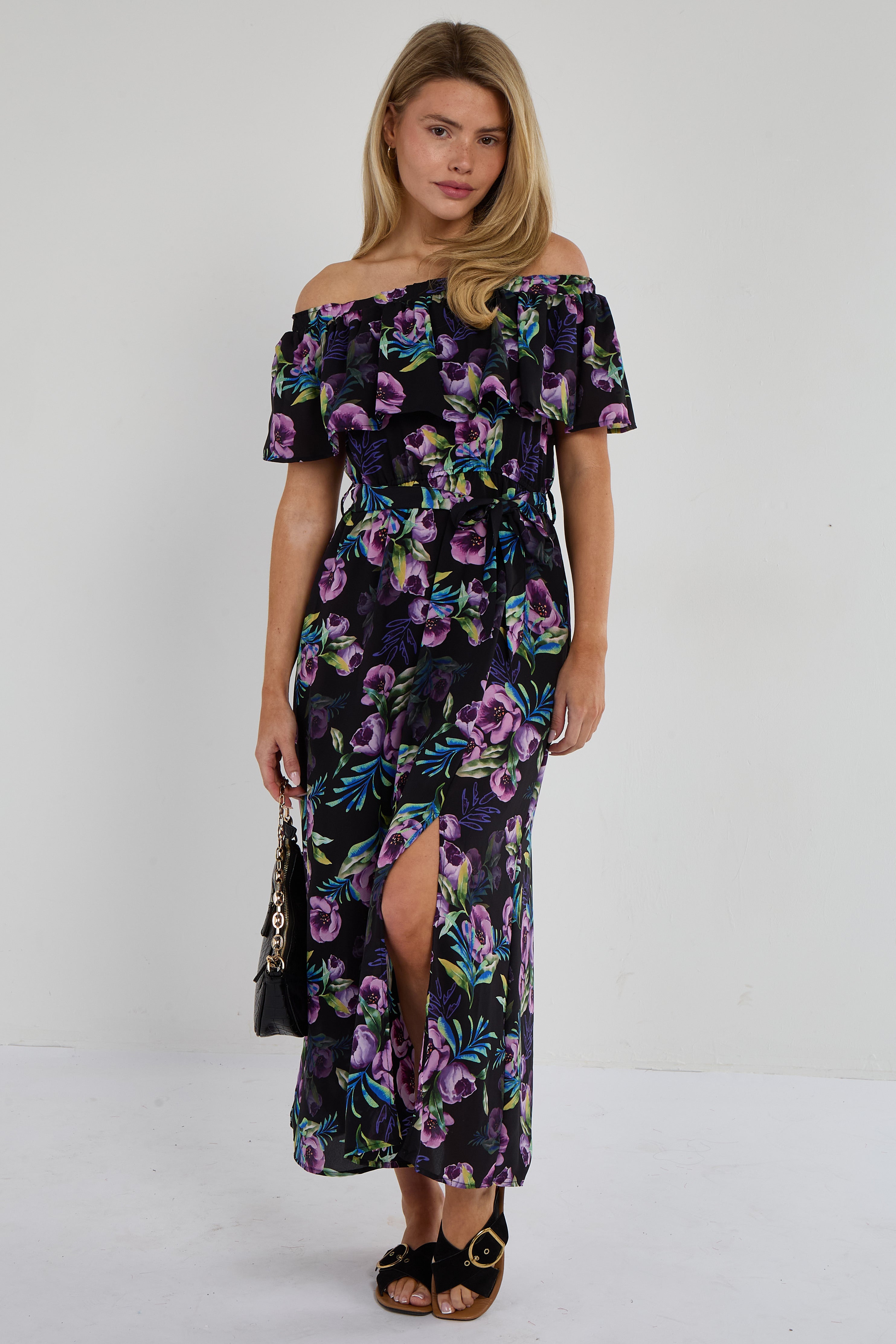 6Pcs Purple Tropical Floral Off-Shoulder Maxi Dress