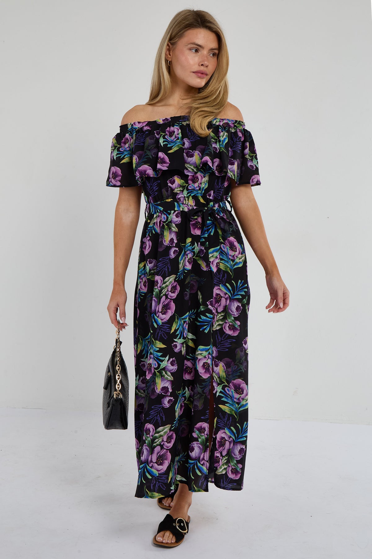 6Pcs Purple Tropical Floral Off-Shoulder Maxi Dress