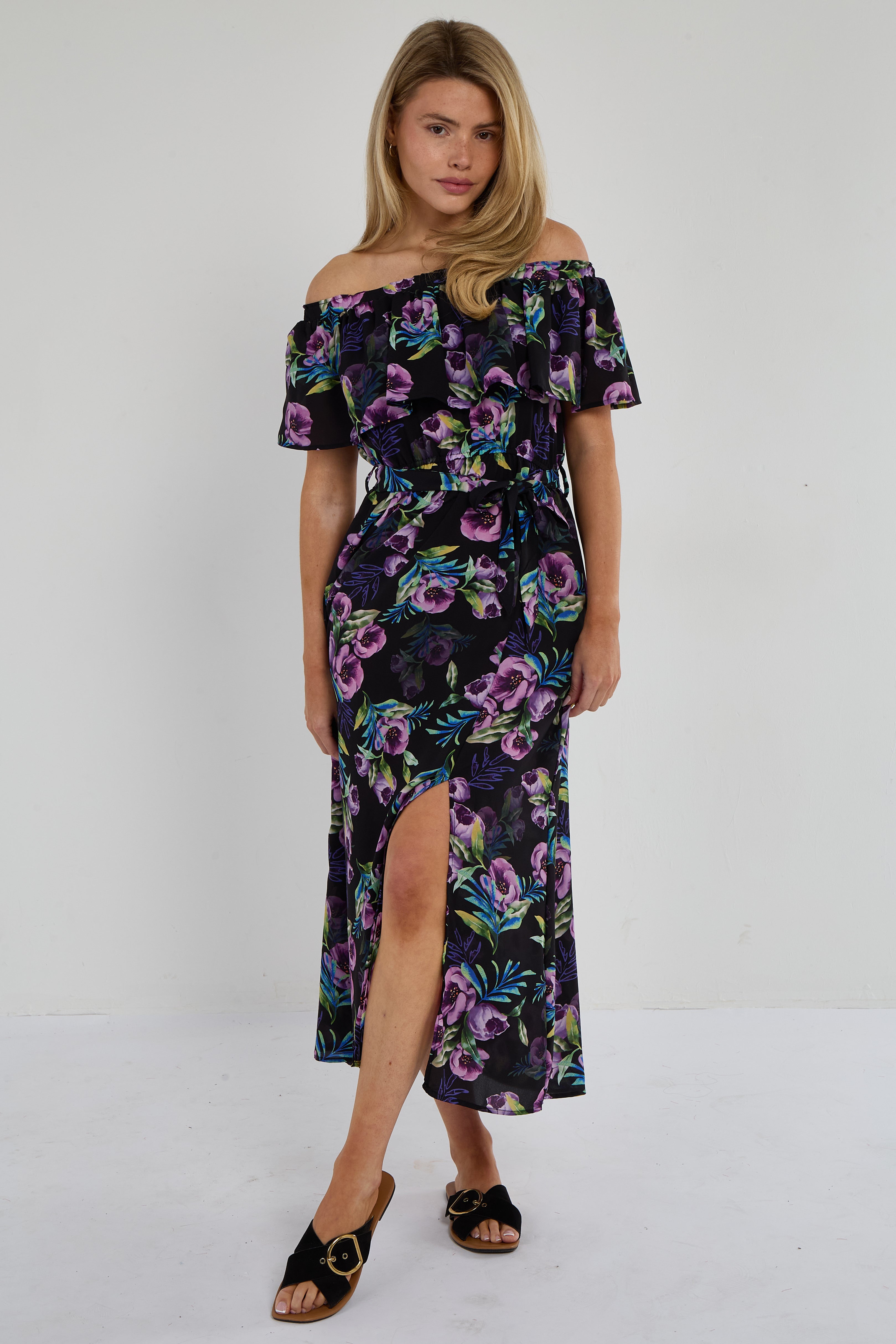 6Pcs Purple Tropical Floral Off-Shoulder Maxi Dress