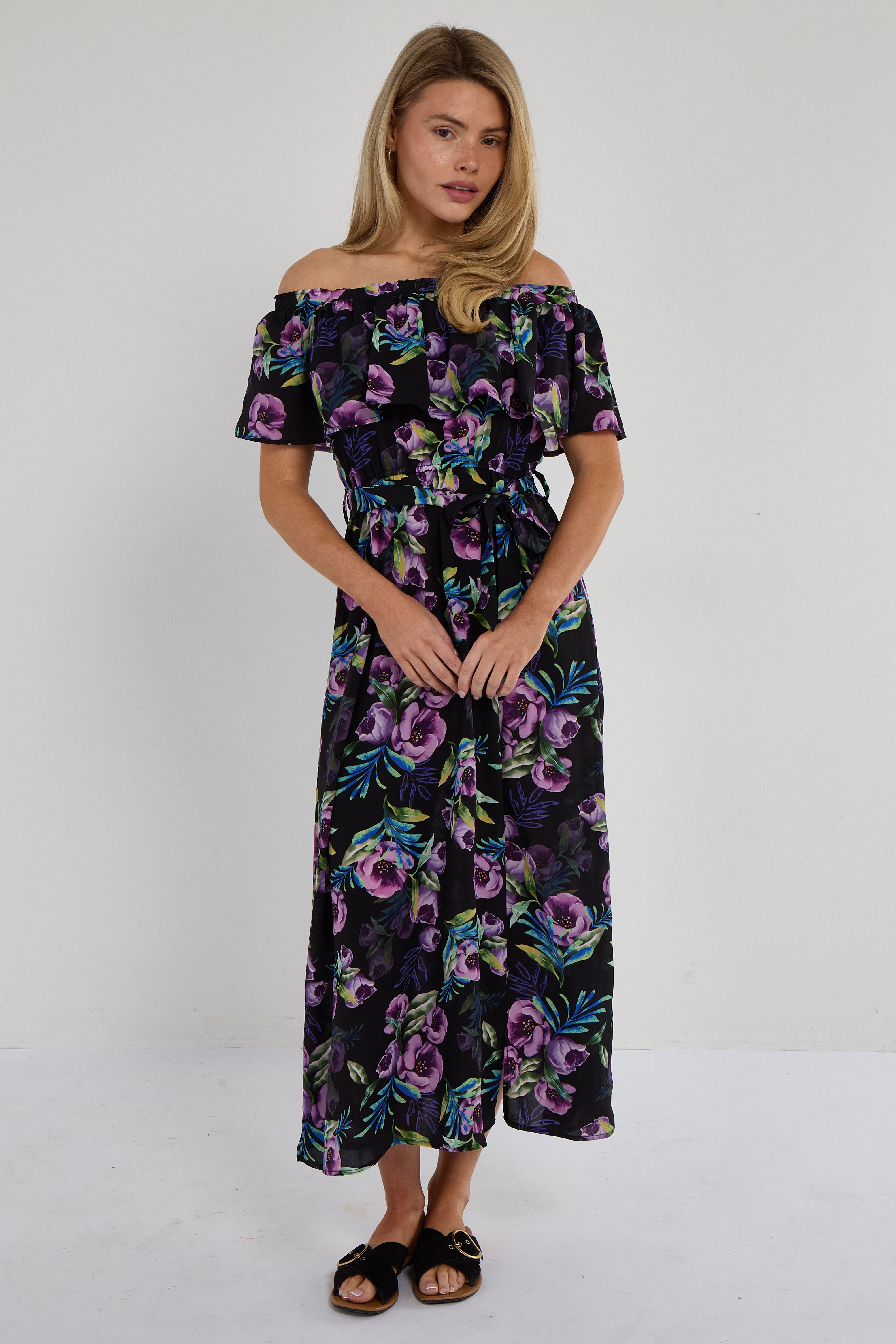 6Pcs Purple Tropical Floral Off-Shoulder Maxi Dress