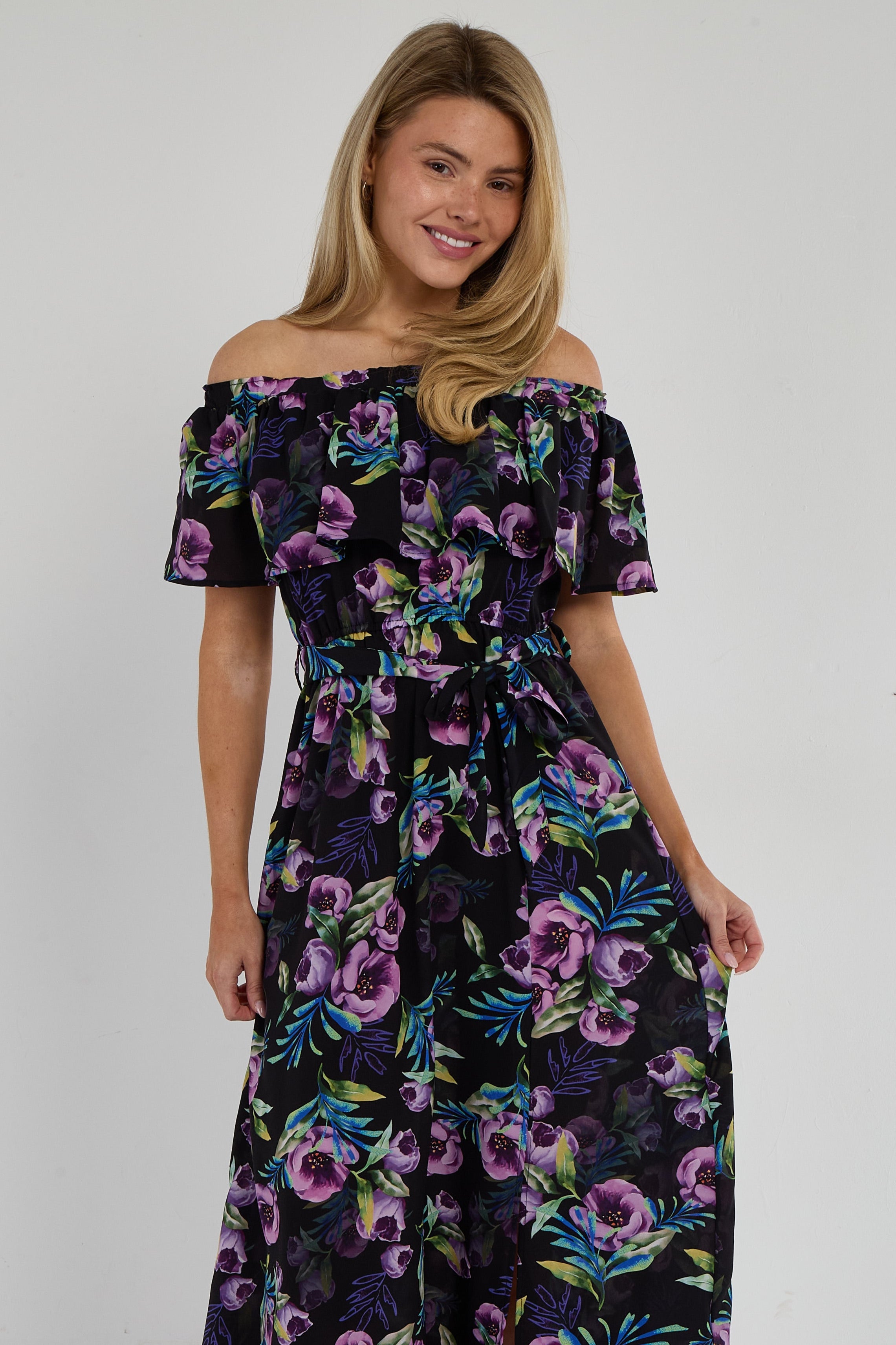 6Pcs Purple Tropical Floral Off-Shoulder Maxi Dress