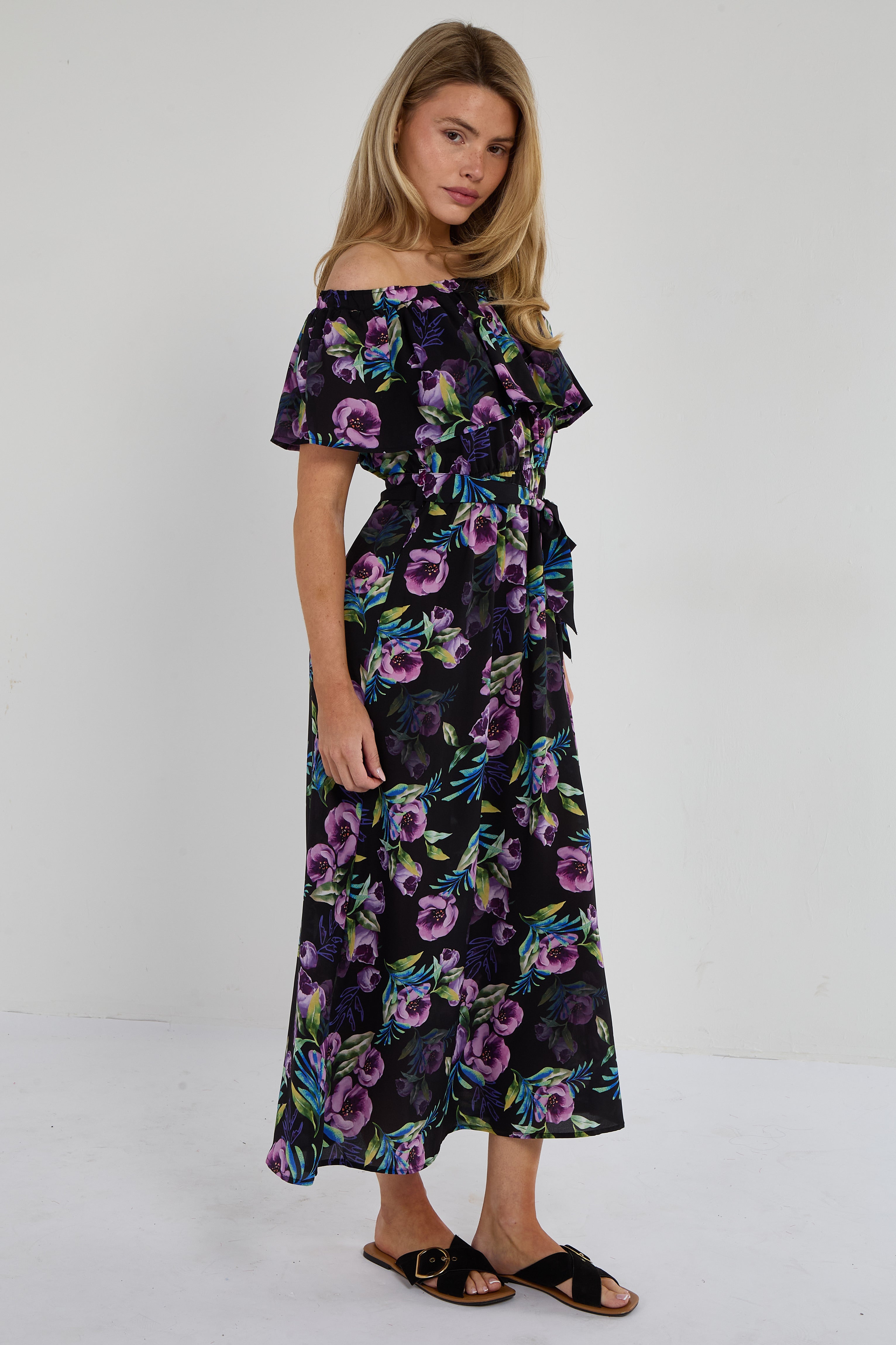 6Pcs Purple Tropical Floral Off-Shoulder Maxi Dress