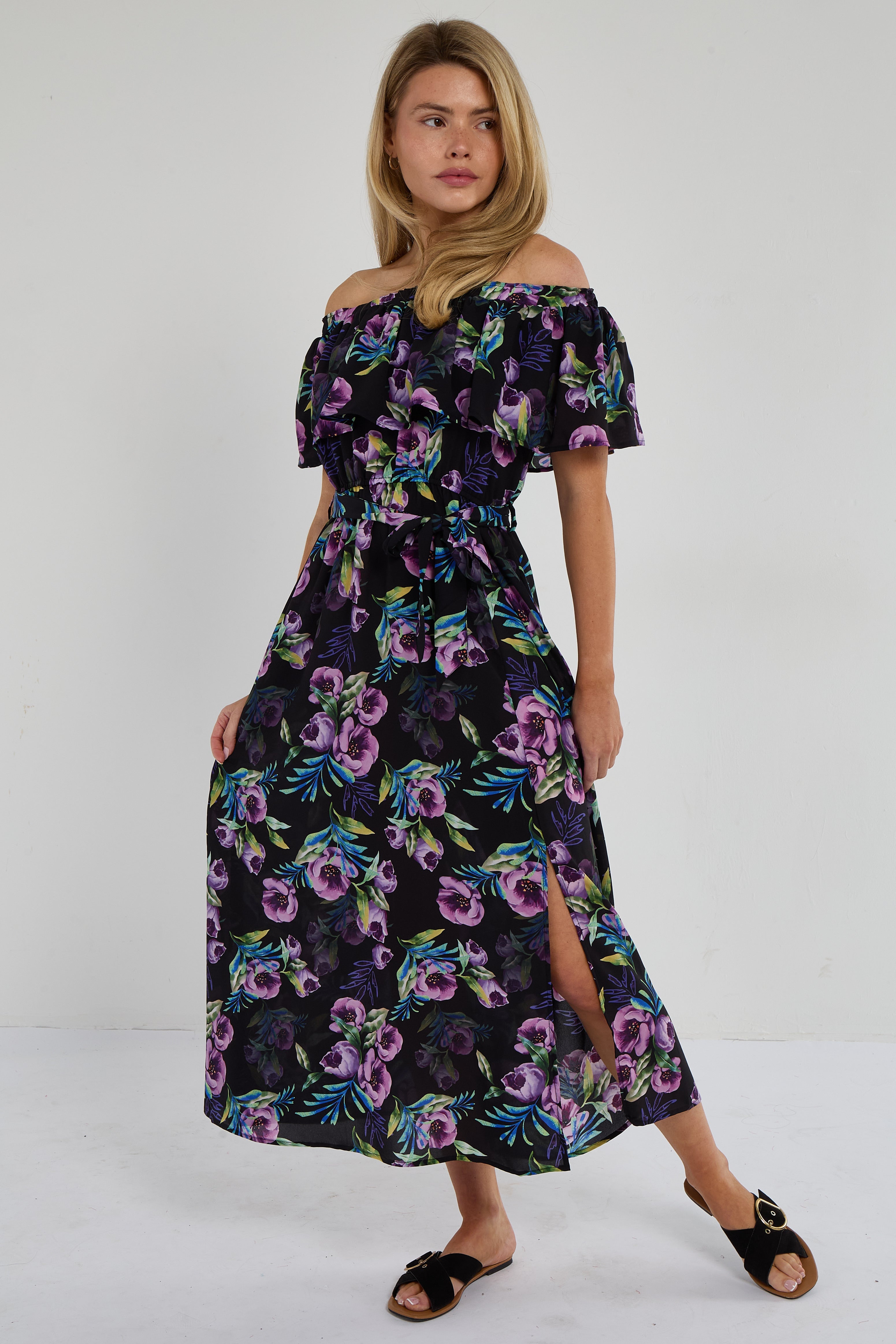 6Pcs Purple Tropical Floral Off-Shoulder Maxi Dress