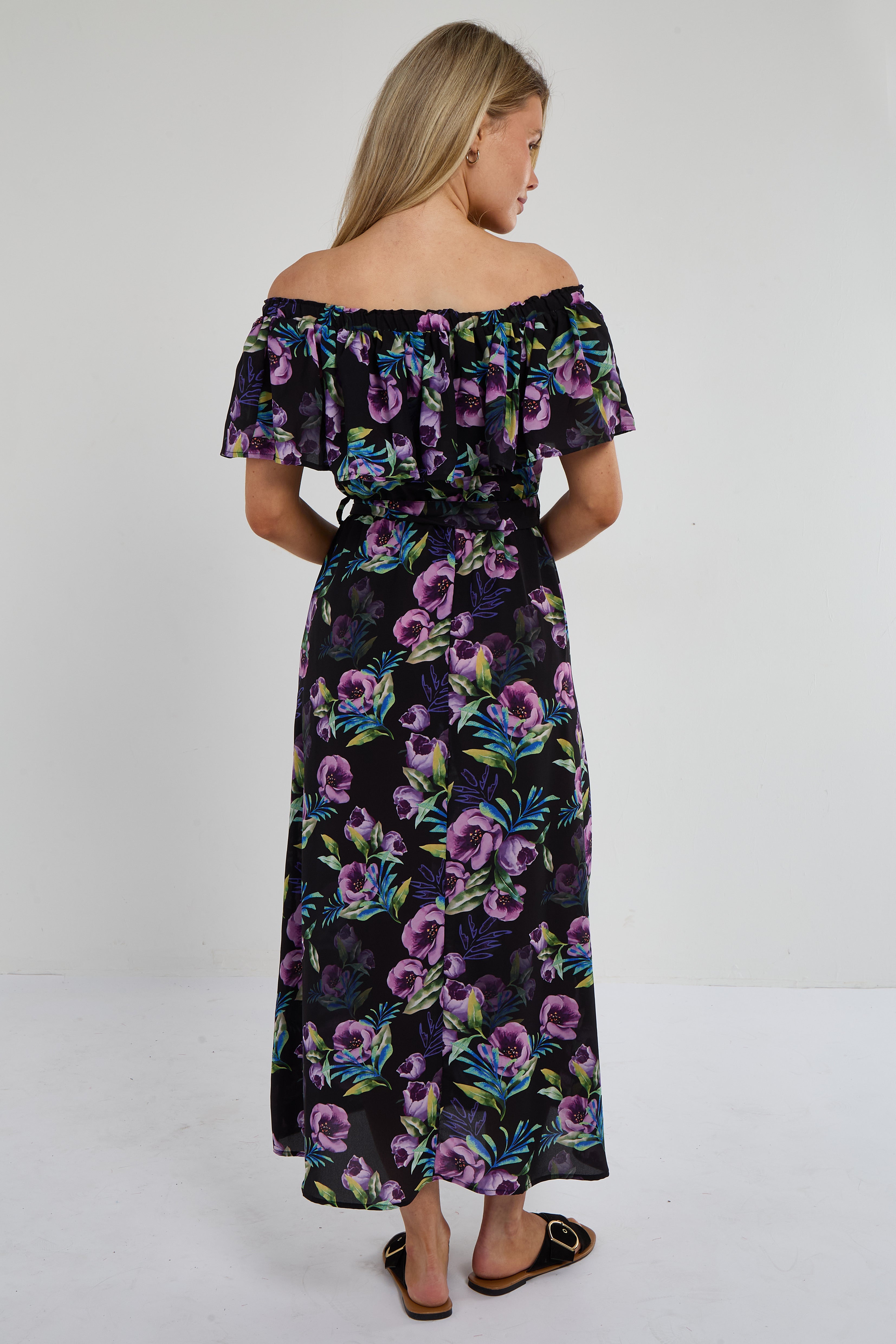 6Pcs Purple Tropical Floral Off-Shoulder Maxi Dress