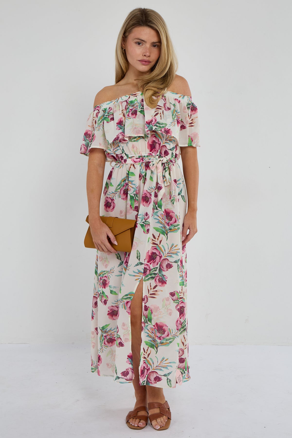 6Pcs Pink Tropical Floral Off-Shoulder Maxi Dress