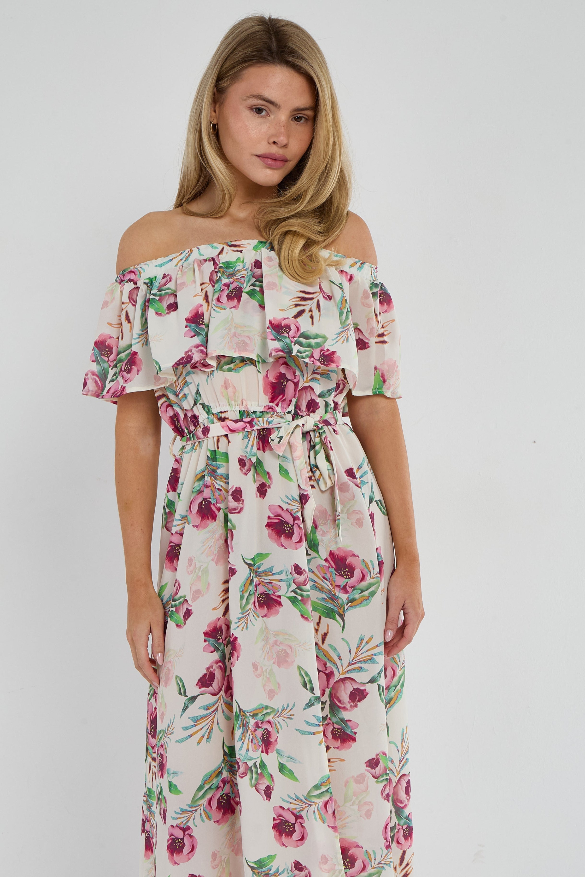 6Pcs Pink Tropical Floral Off-Shoulder Maxi Dress