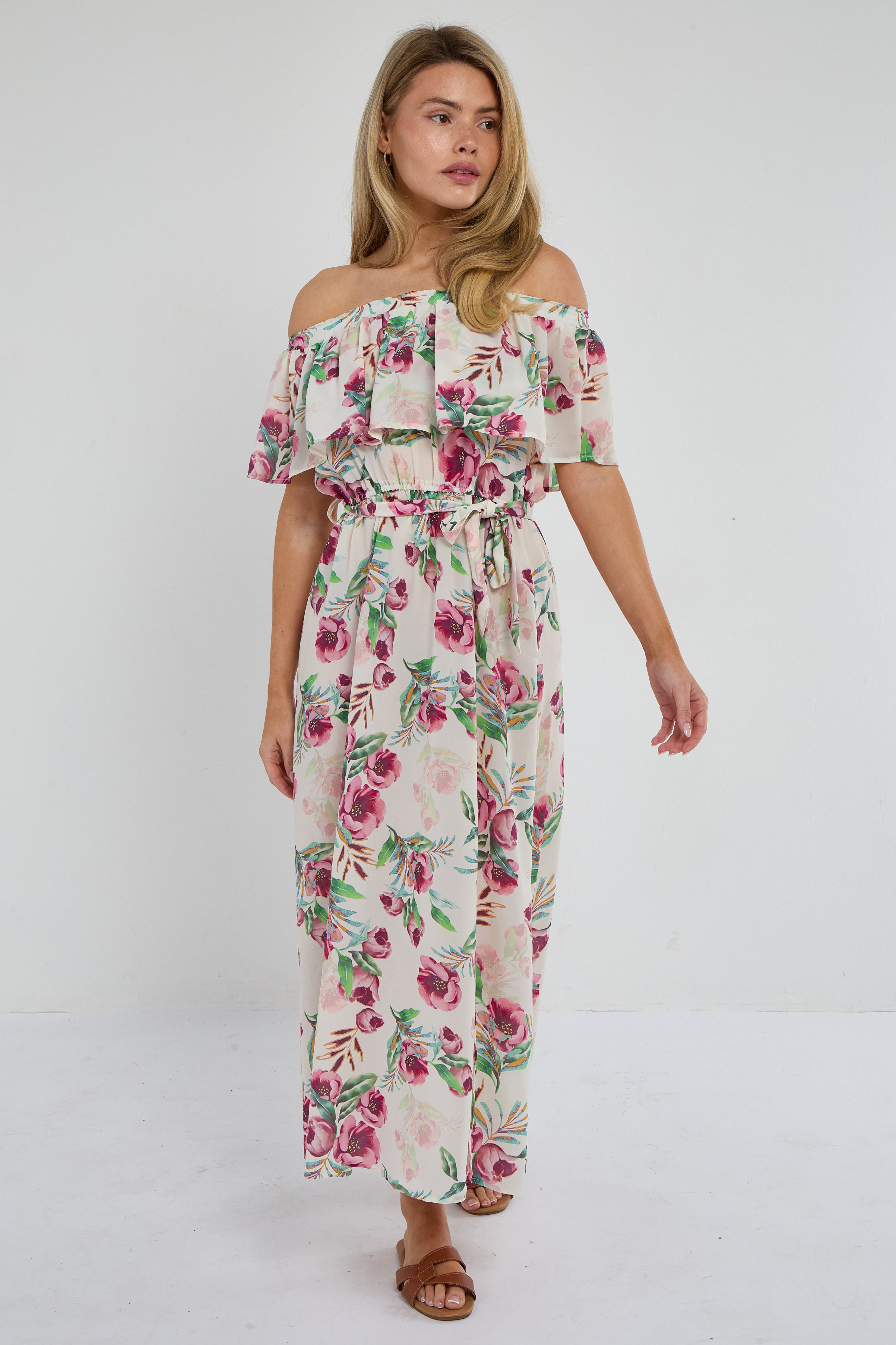 6Pcs Pink Tropical Floral Off-Shoulder Maxi Dress
