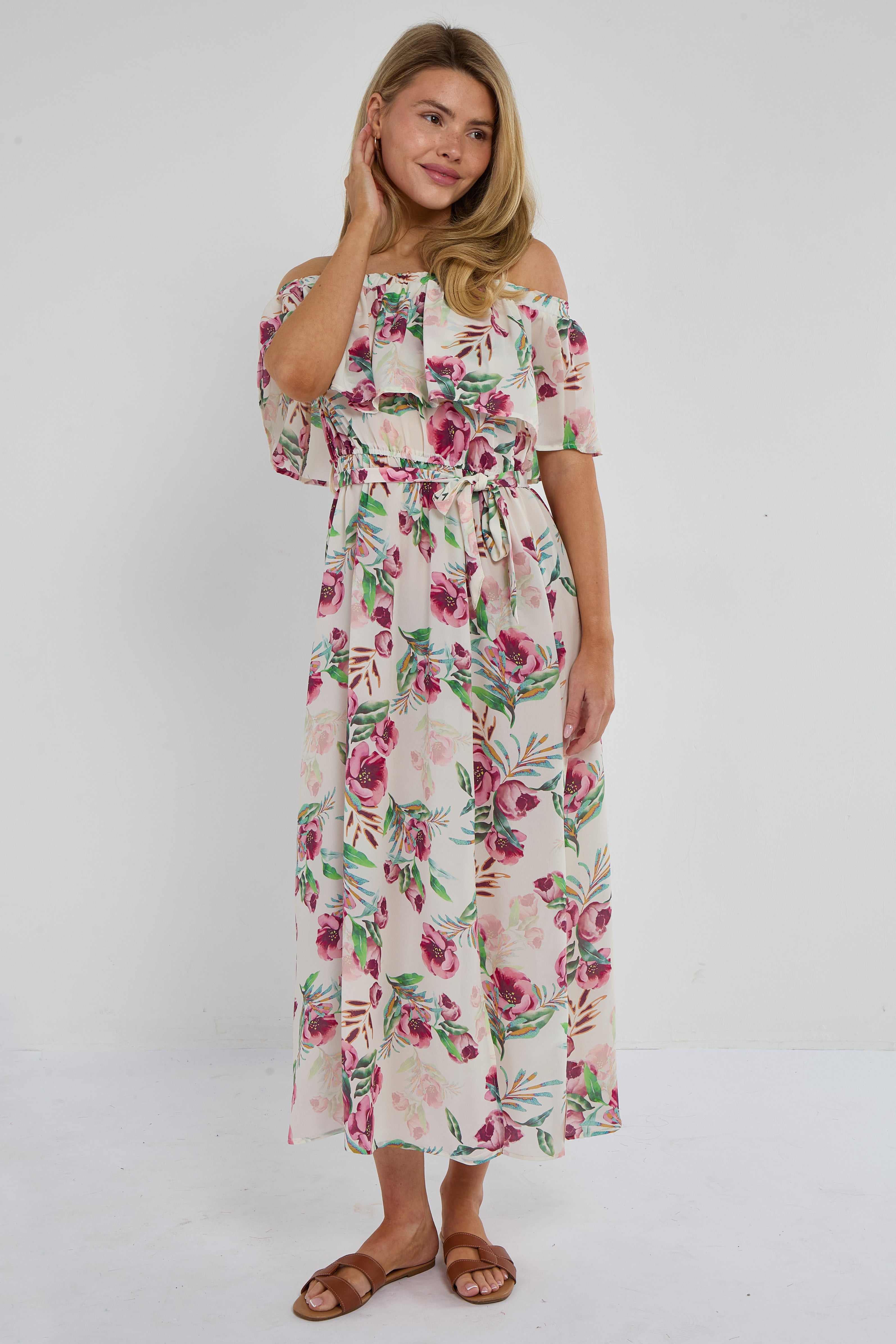 6Pcs Pink Tropical Floral Off-Shoulder Maxi Dress