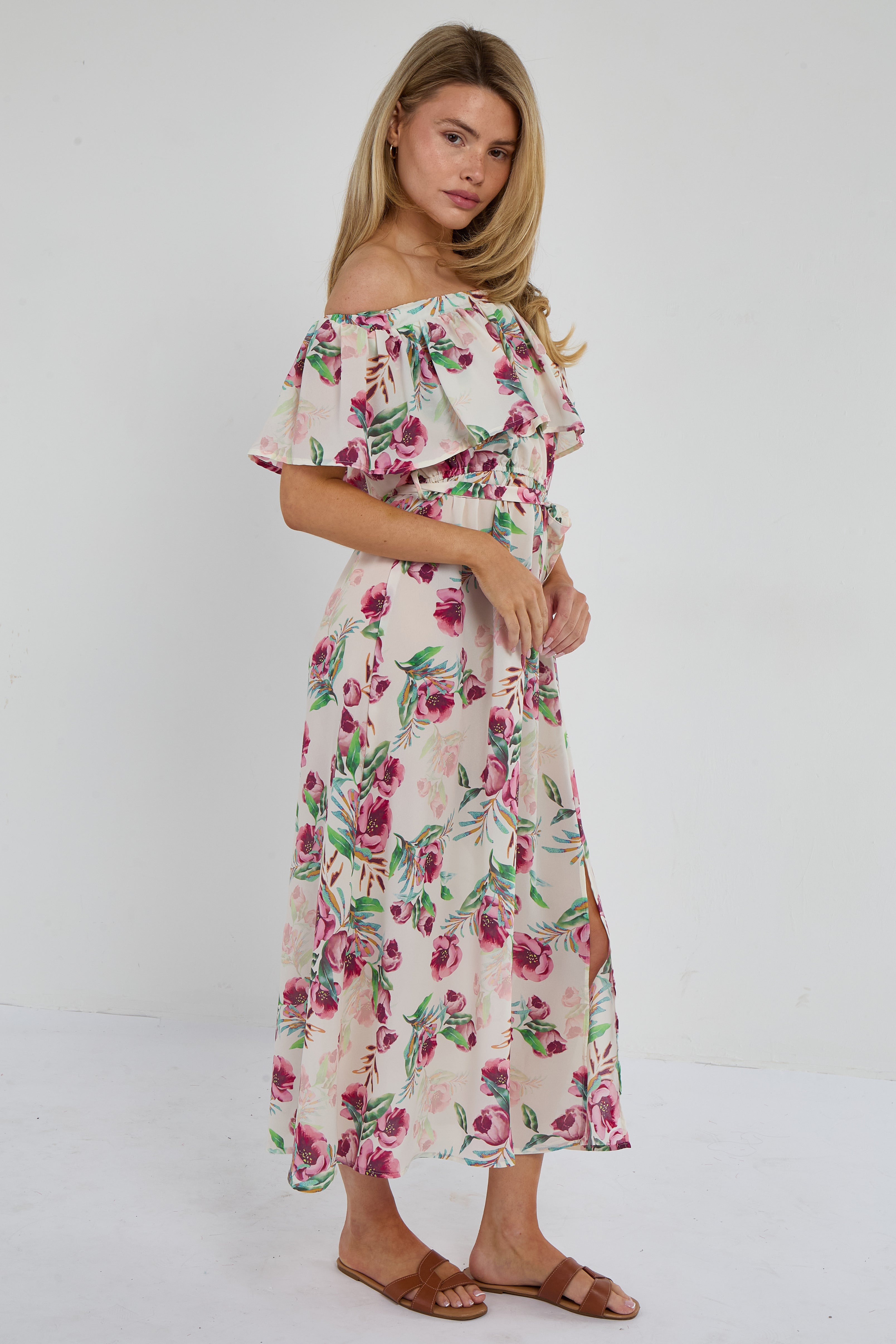 6Pcs Pink Tropical Floral Off-Shoulder Maxi Dress