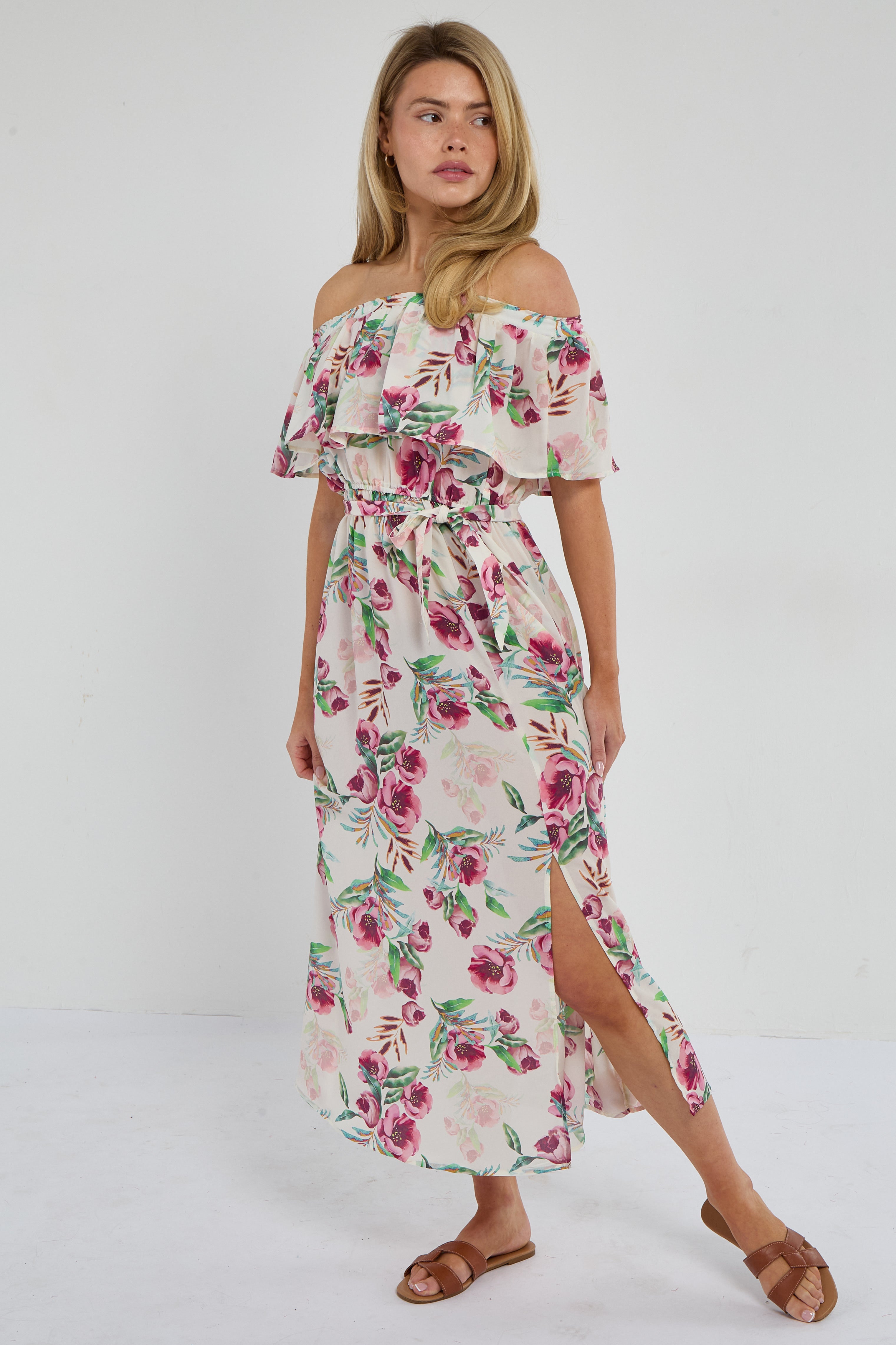 6Pcs Pink Tropical Floral Off-Shoulder Maxi Dress