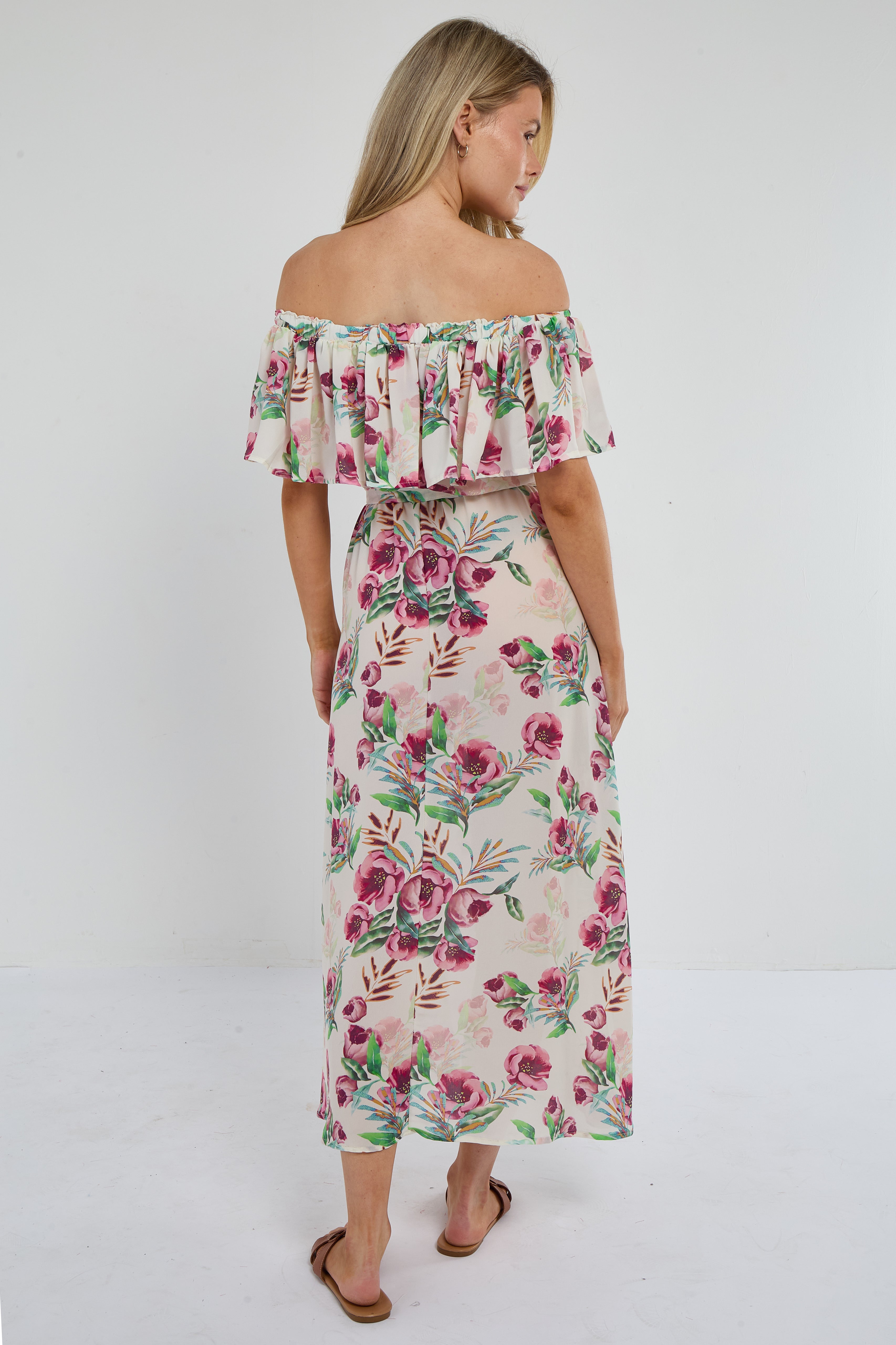 6Pcs Pink Tropical Floral Off-Shoulder Maxi Dress