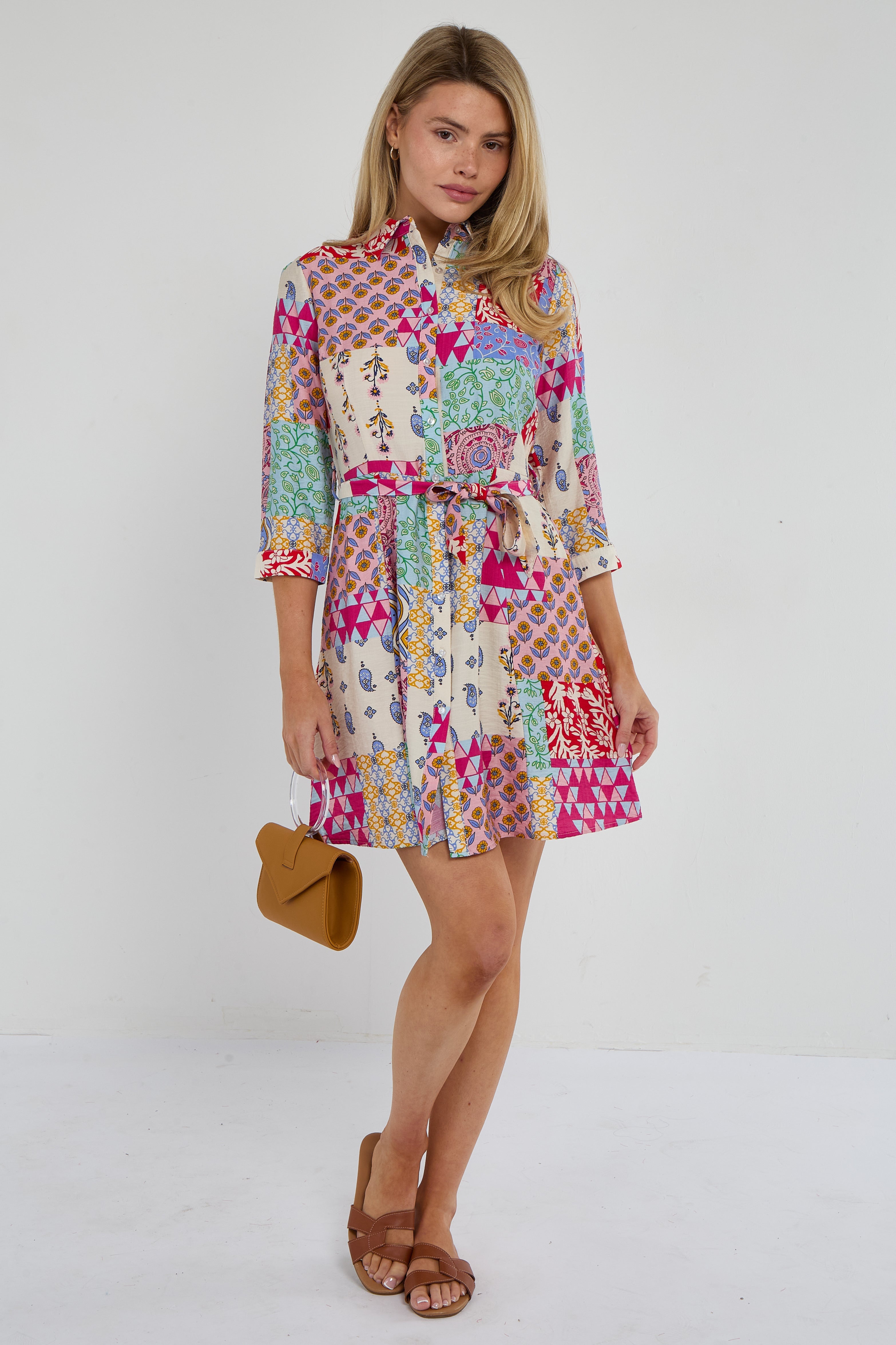 8Pcs Multicolour Patchwork Print Mini Shirt Dress