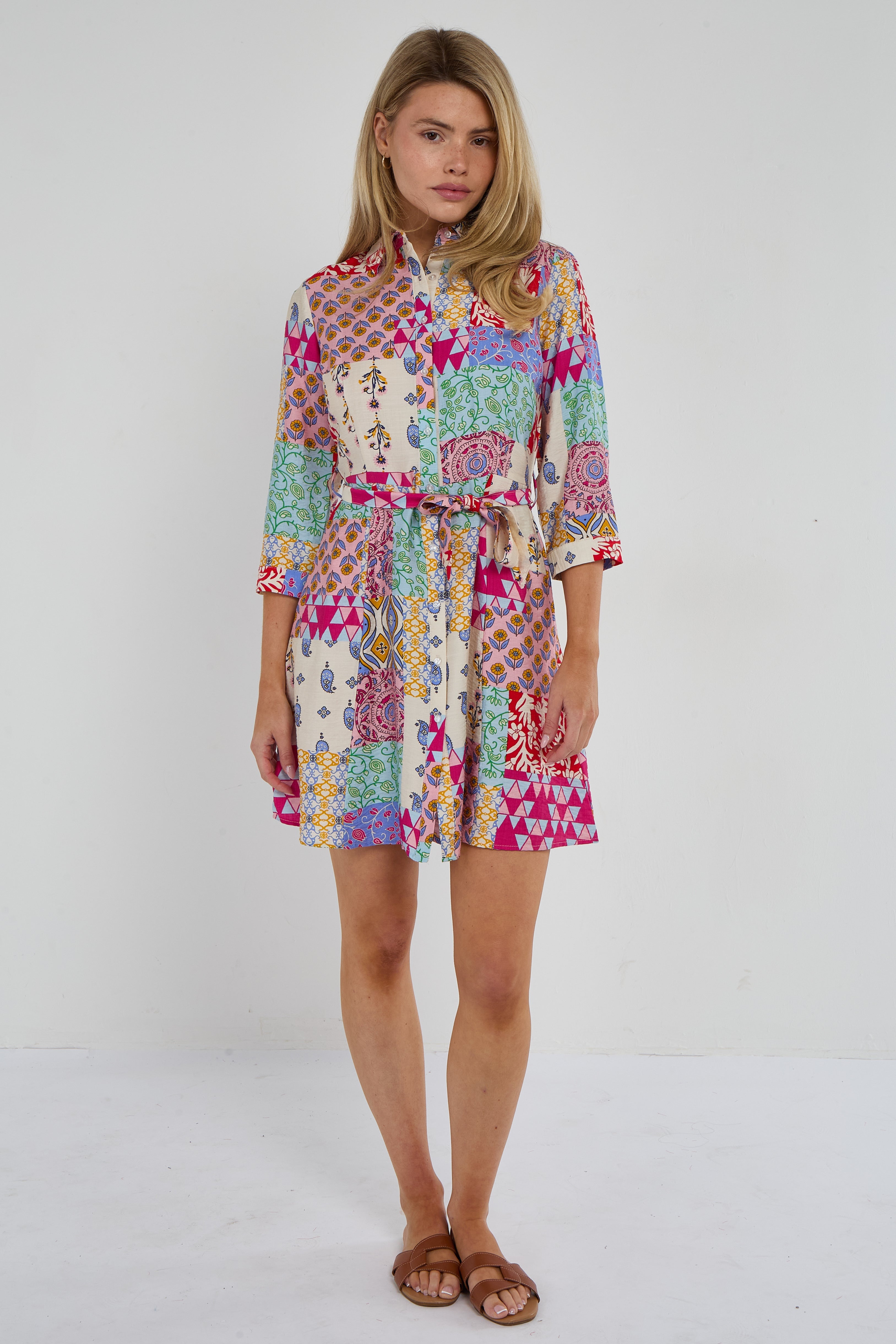 8Pcs Multicolour Patchwork Print Mini Shirt Dress