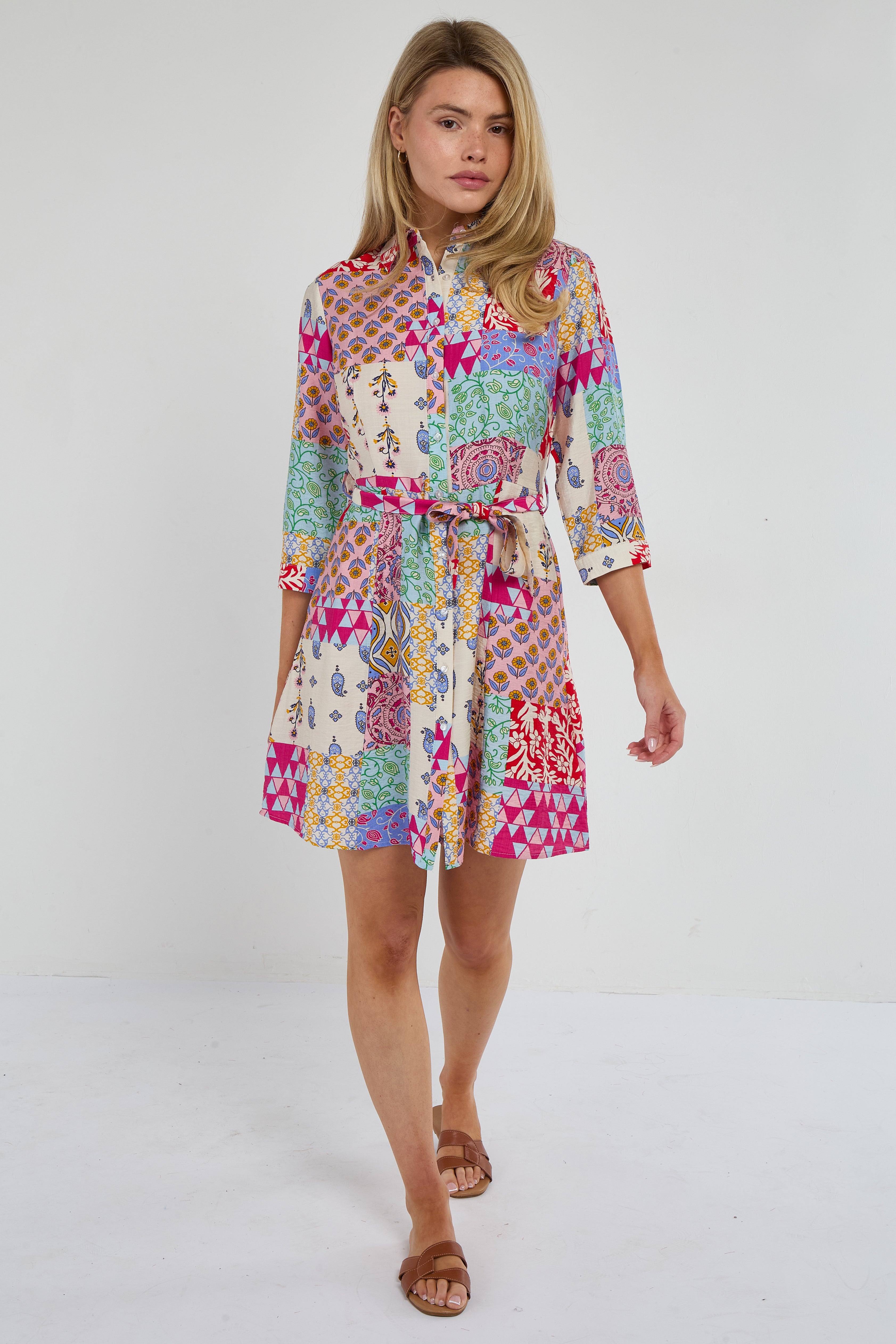 8Pcs Multicolour Patchwork Print Mini Shirt Dress