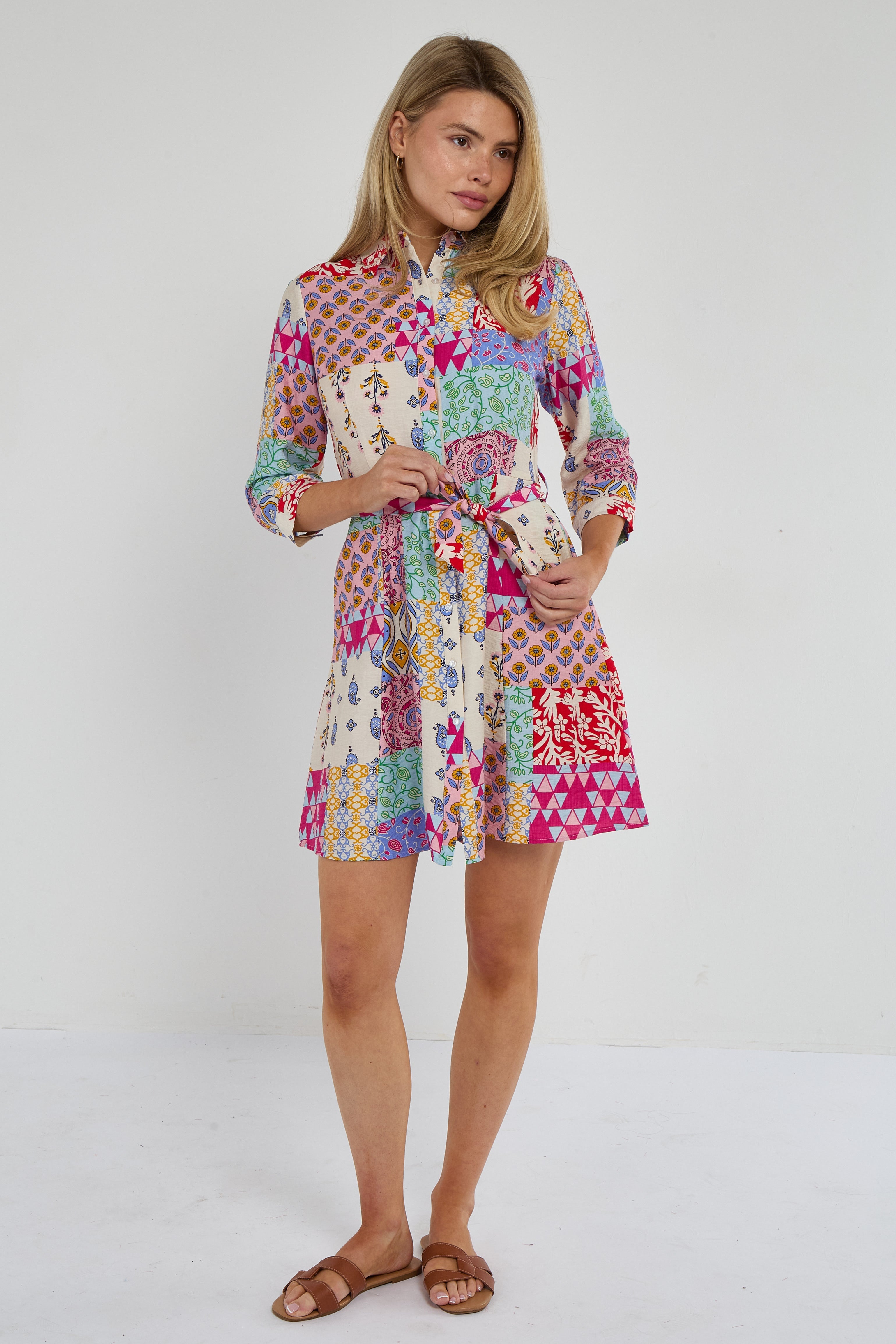 8Pcs Multicolour Patchwork Print Mini Shirt Dress