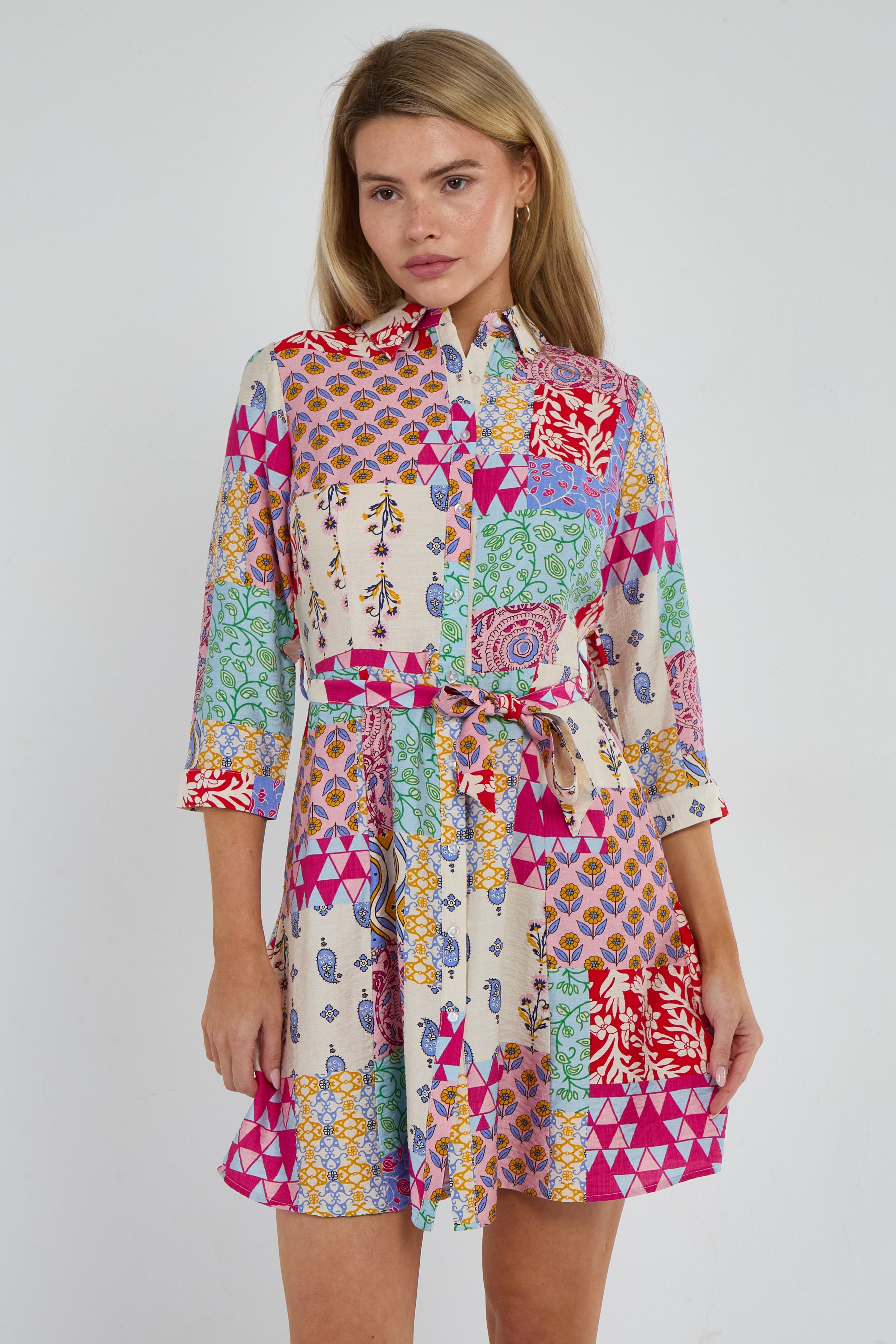 8Pcs Multicolour Patchwork Print Mini Shirt Dress