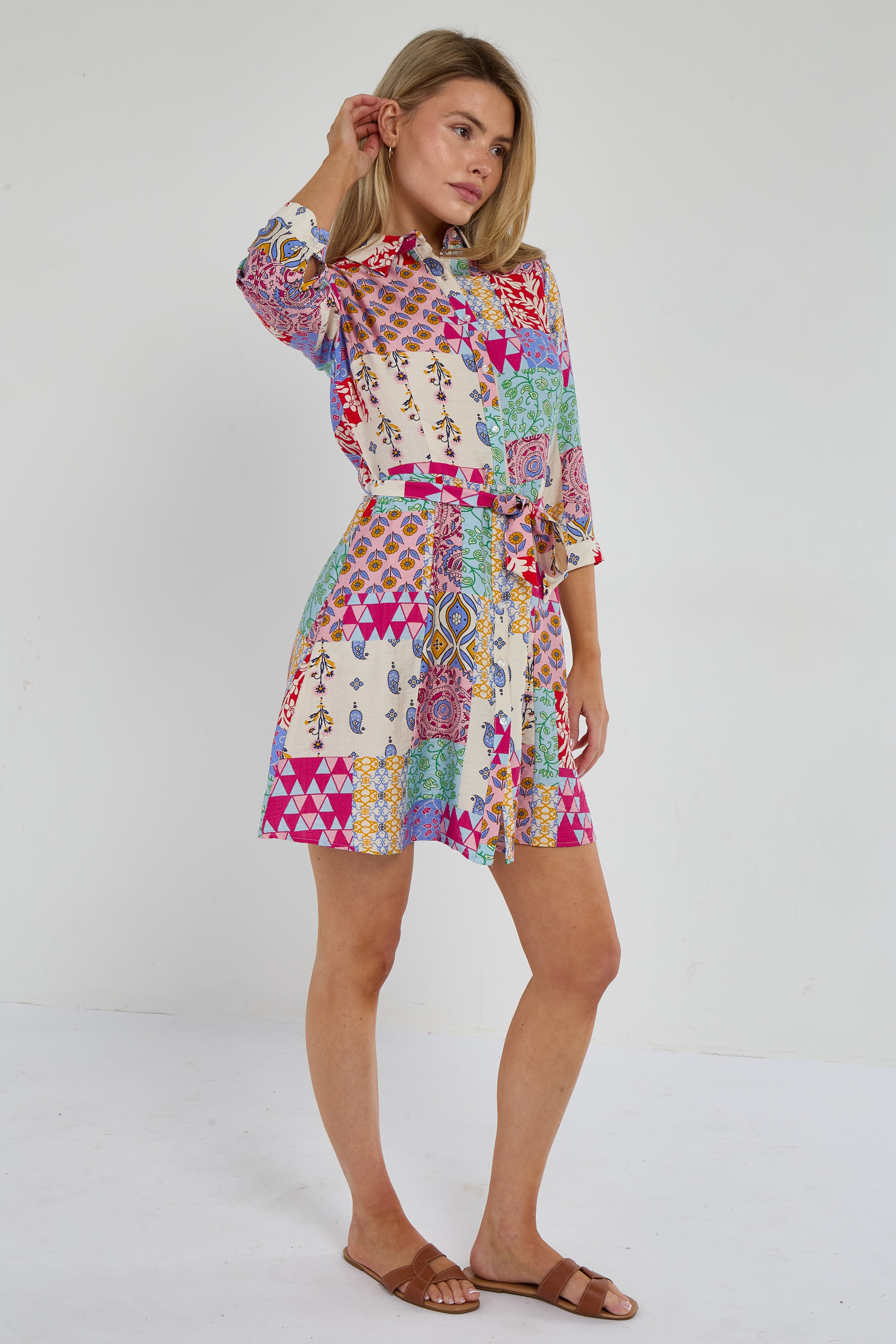 8Pcs Multicolour Patchwork Print Mini Shirt Dress