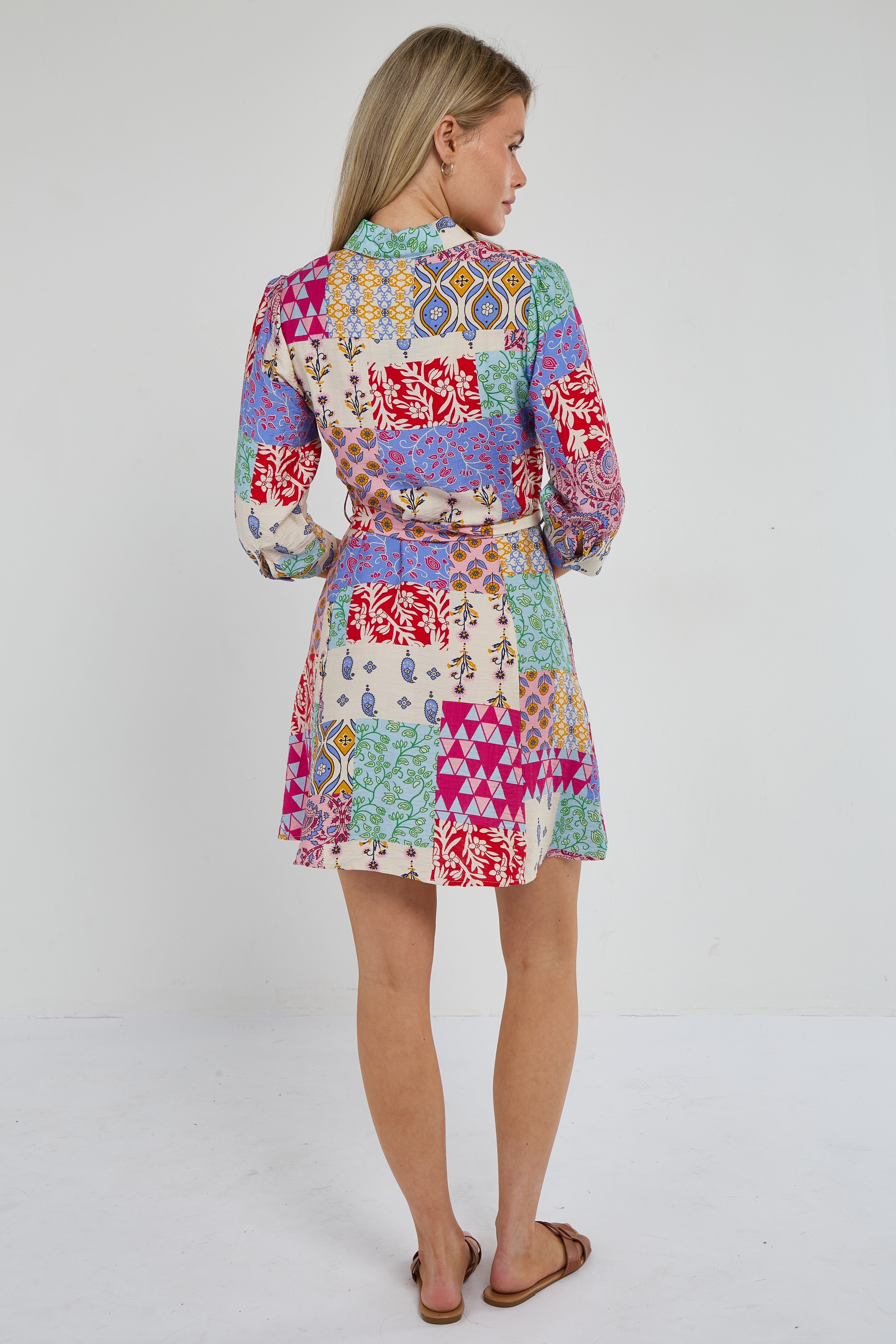 8Pcs Multicolour Patchwork Print Mini Shirt Dress