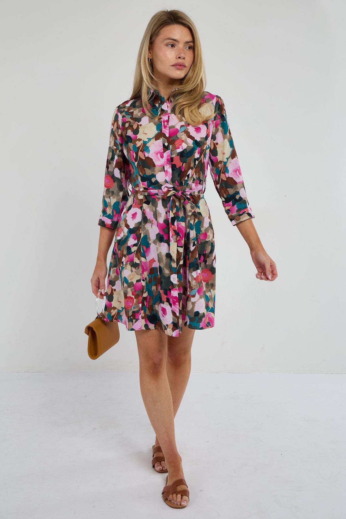 8Pcs Roses Print Quarter Sleeve Mini Shirt Dress