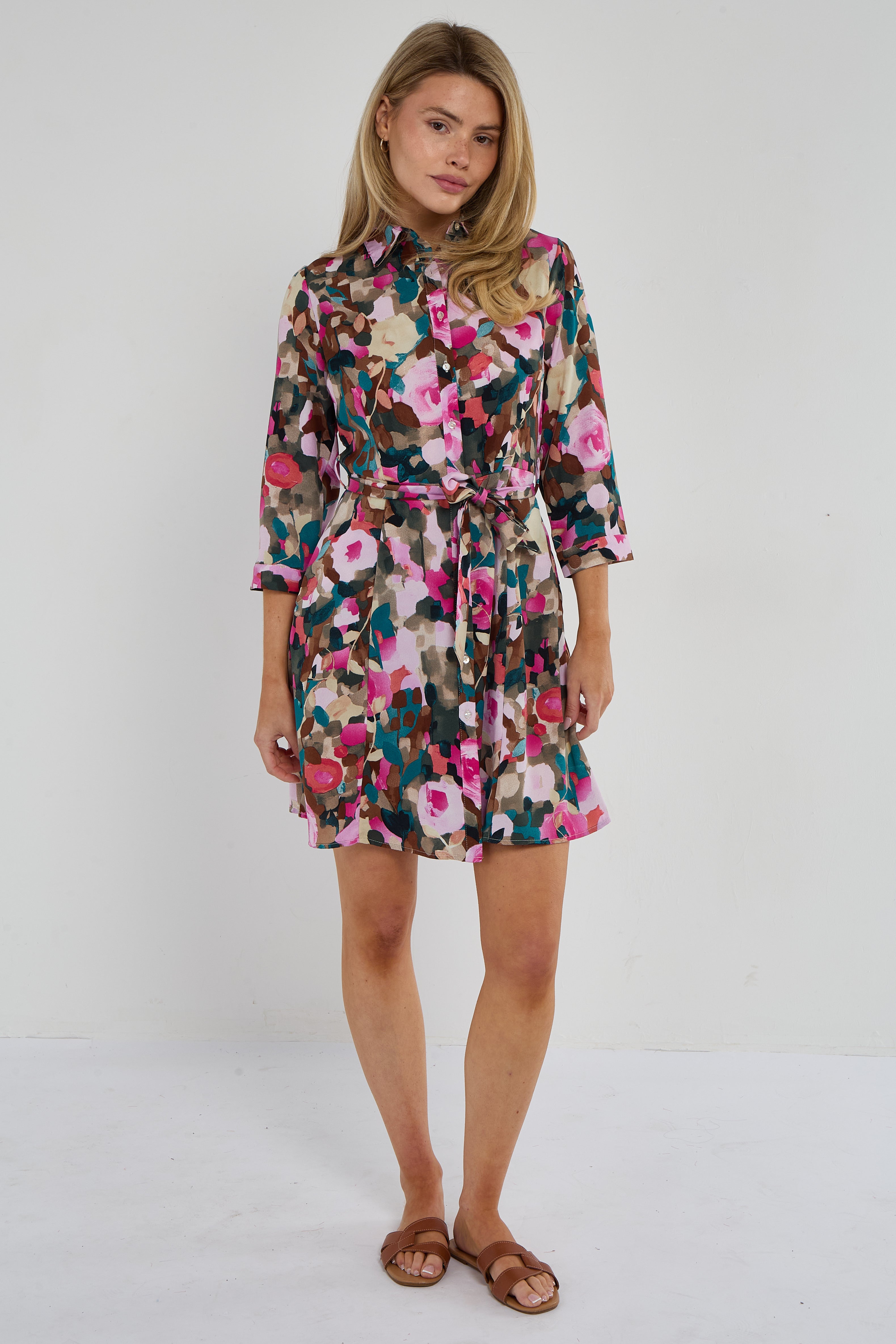 8Pcs Roses Print Quarter Sleeve Mini Shirt Dress