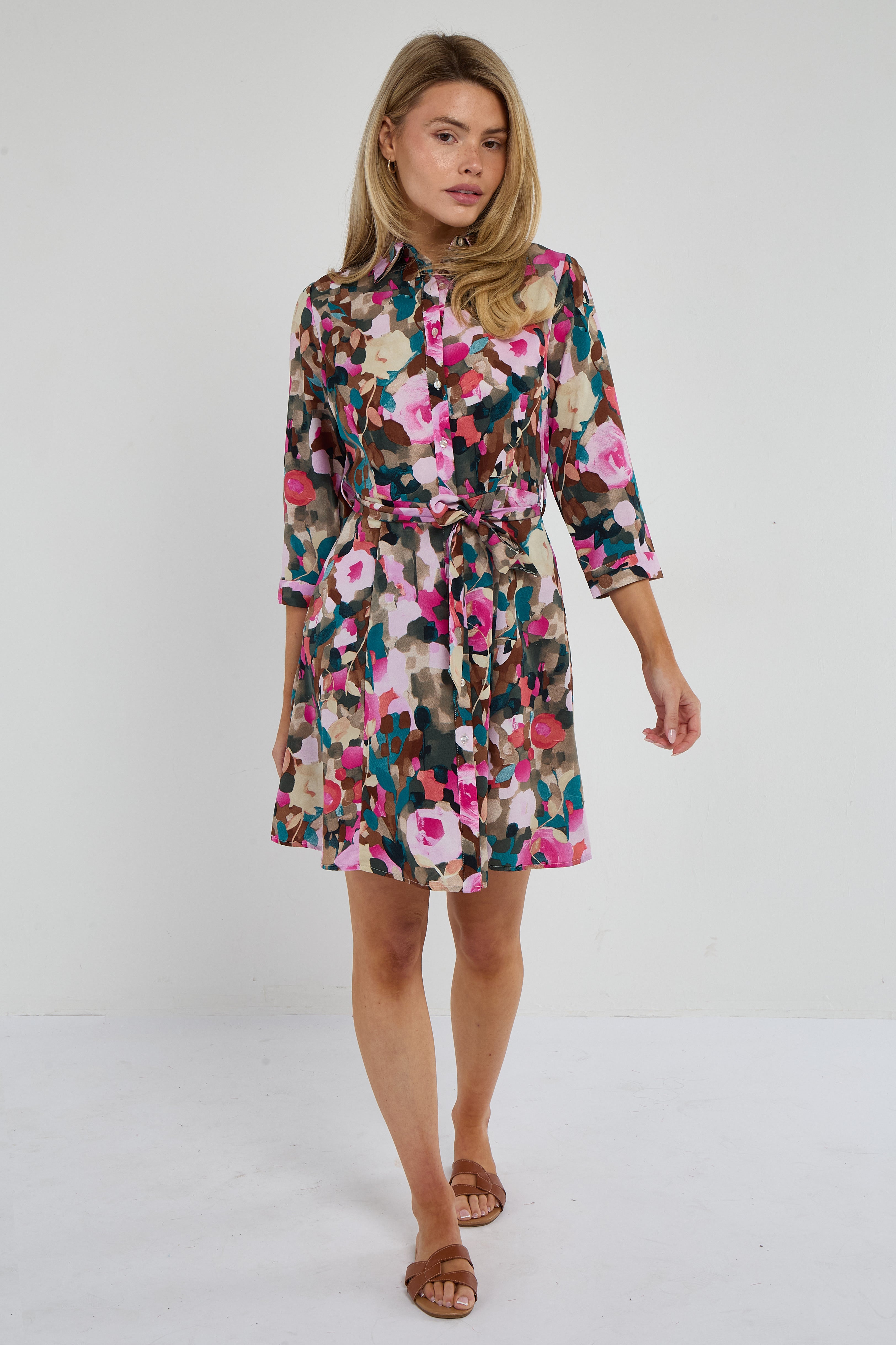 8Pcs Roses Print Quarter Sleeve Mini Shirt Dress