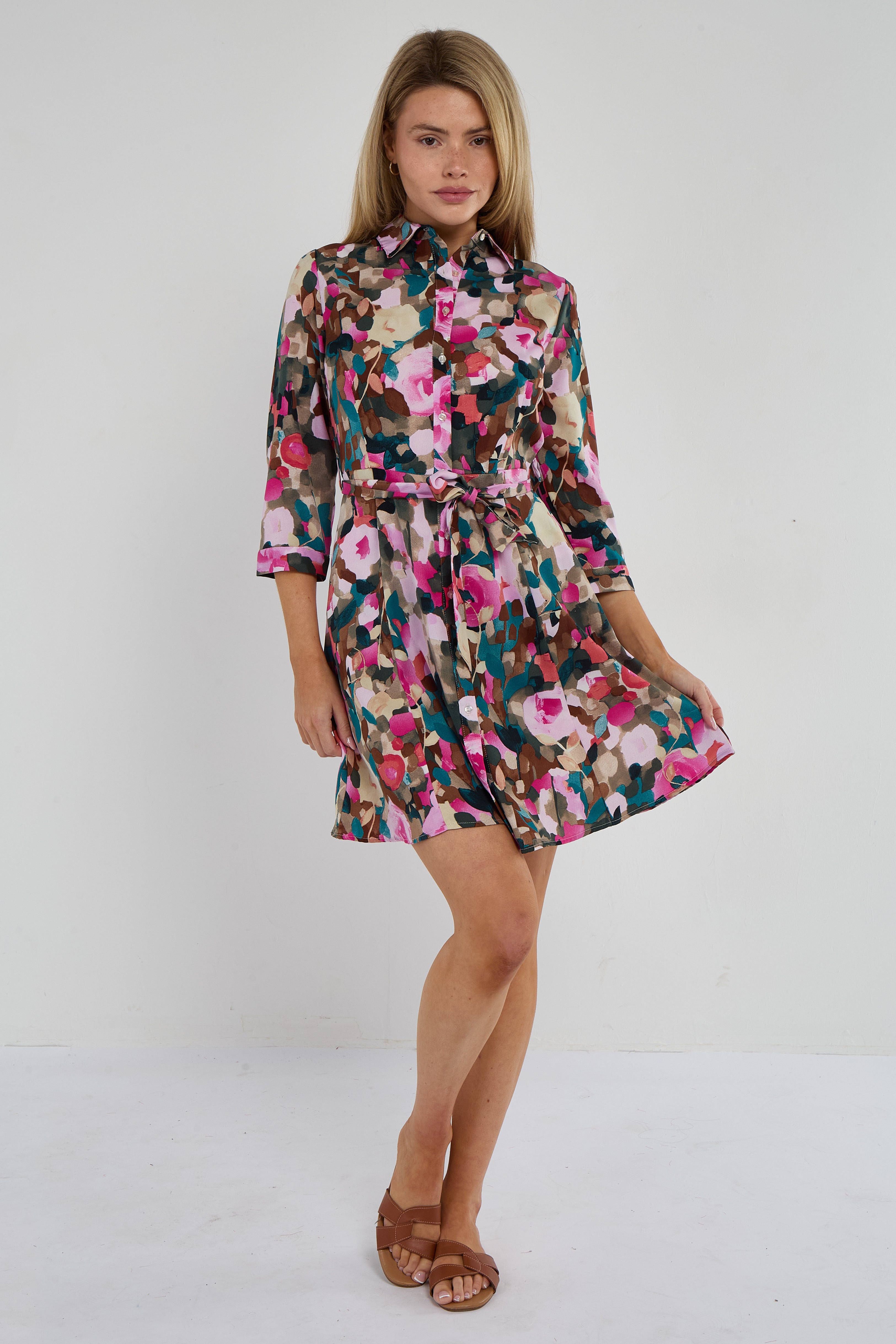 8Pcs Roses Print Quarter Sleeve Mini Shirt Dress