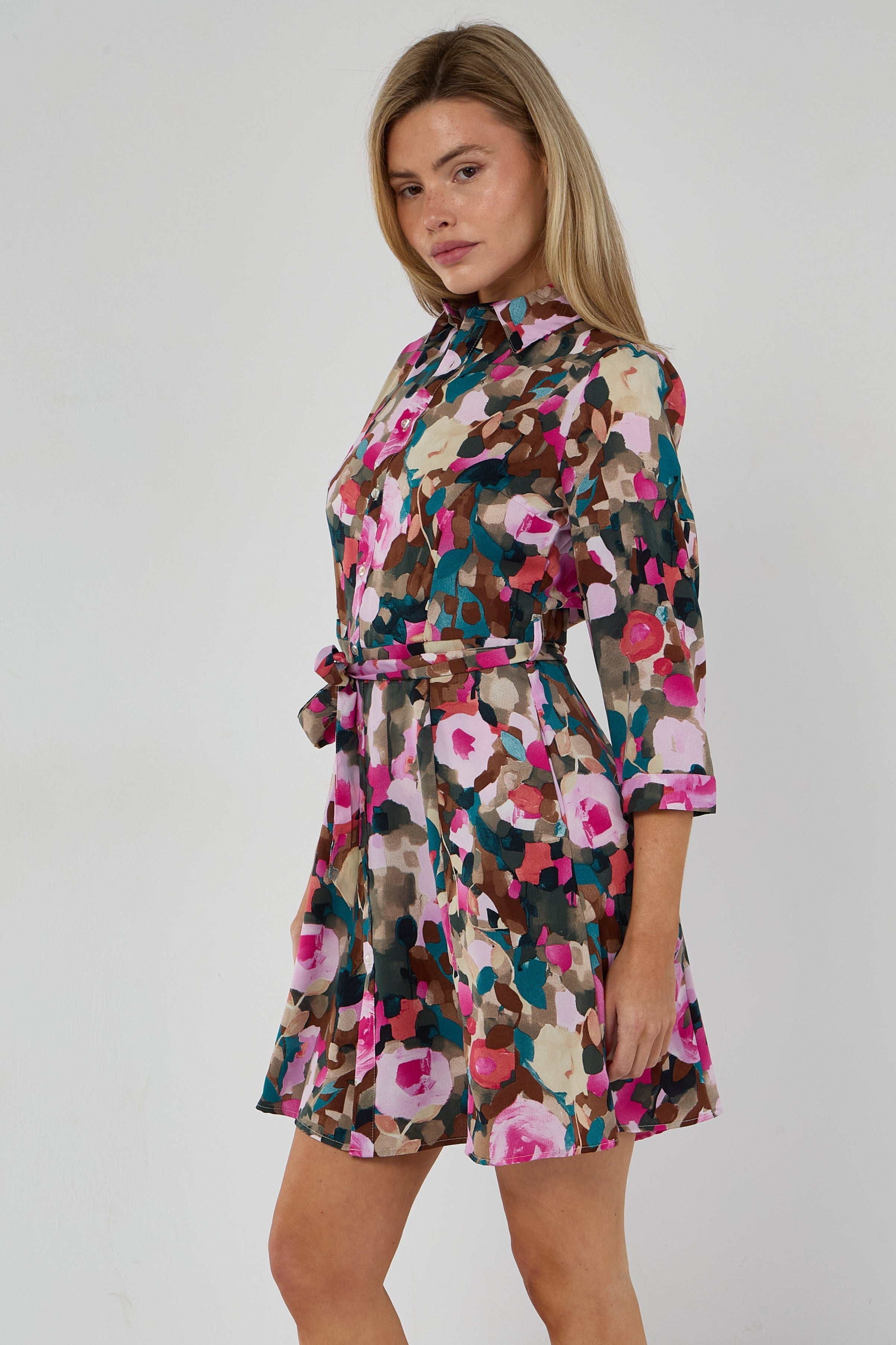 8Pcs Roses Print Quarter Sleeve Mini Shirt Dress