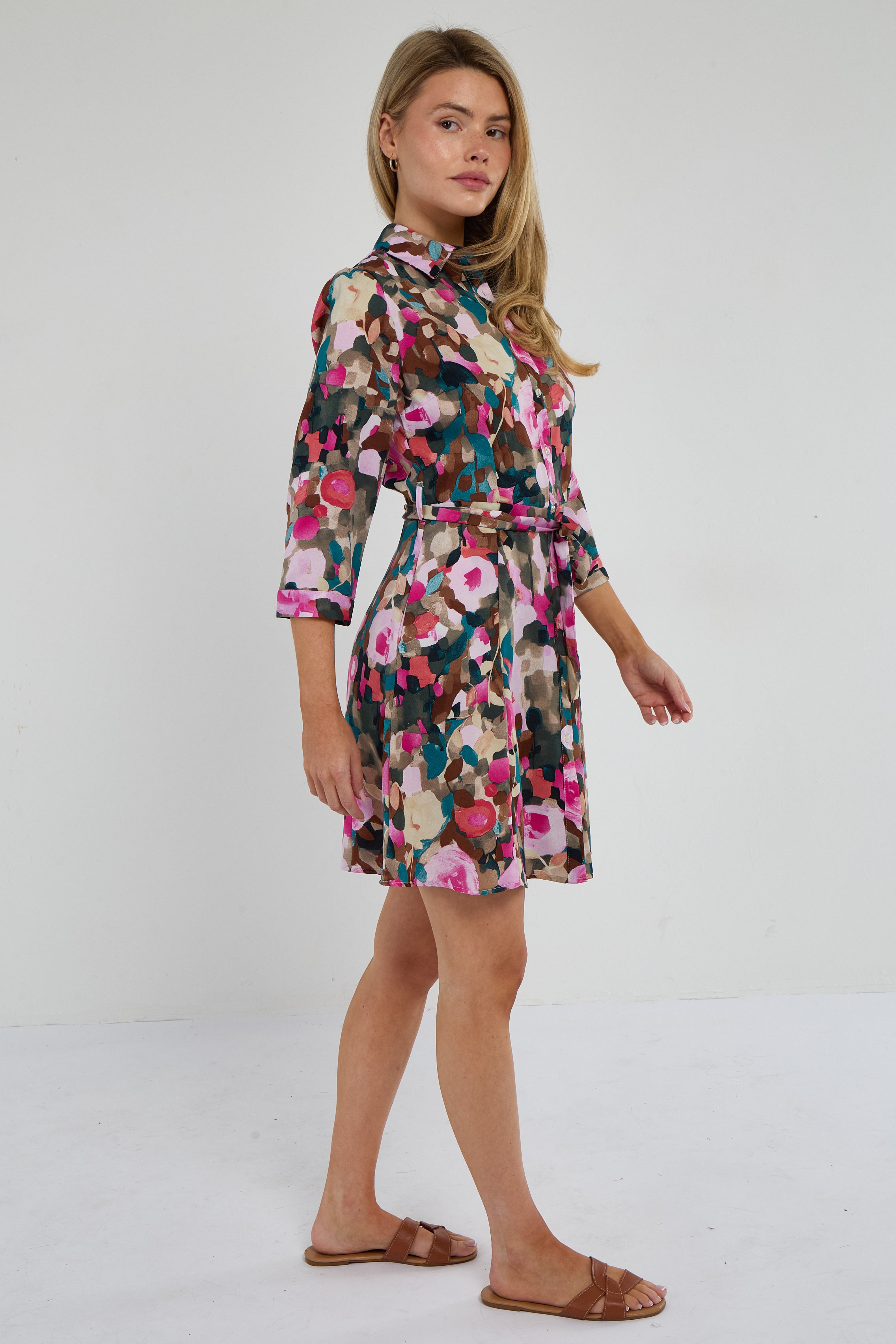 8Pcs Roses Print Quarter Sleeve Mini Shirt Dress