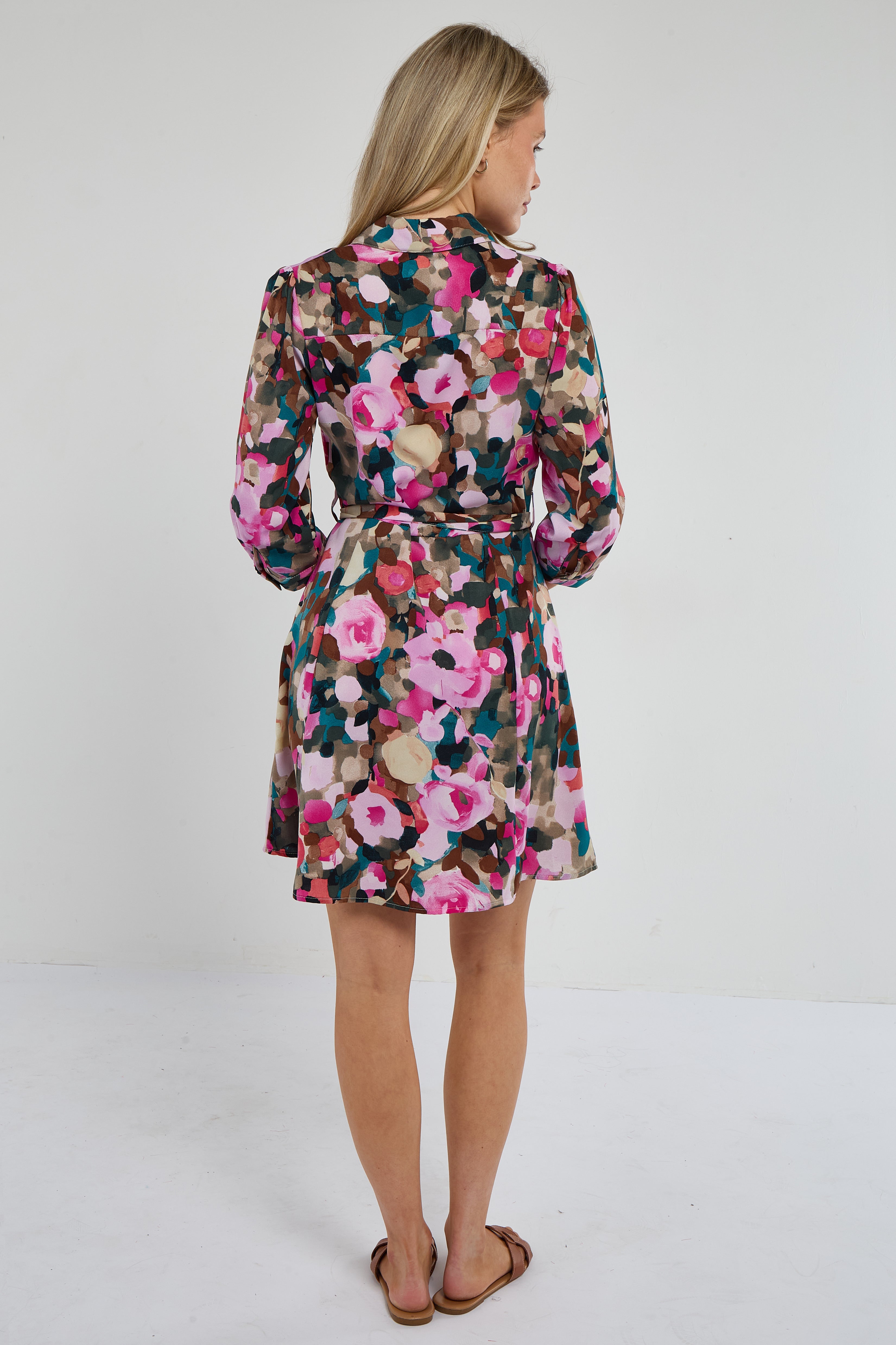 8Pcs Roses Print Quarter Sleeve Mini Shirt Dress