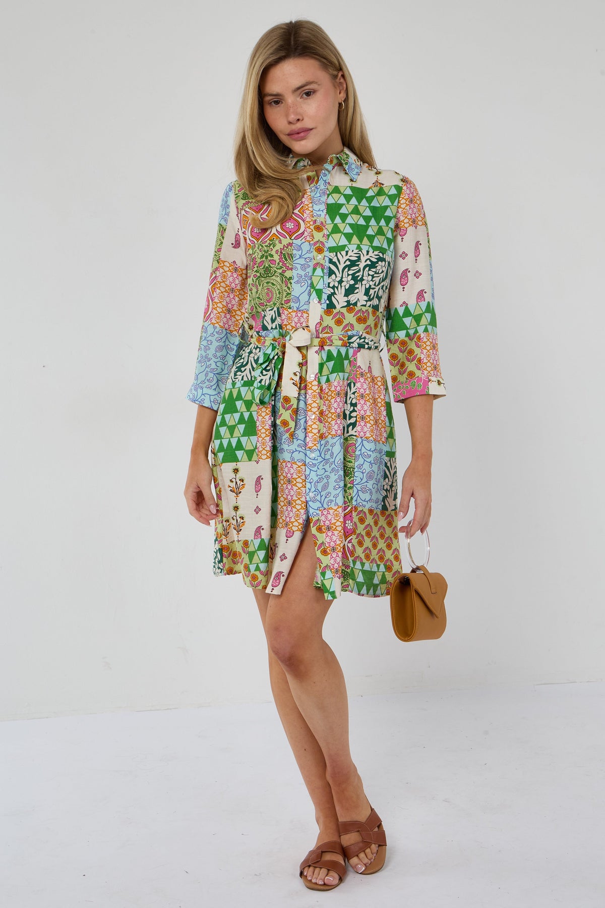 8Pcs Multicolour Patchwork Print Mini Shirt Dress
