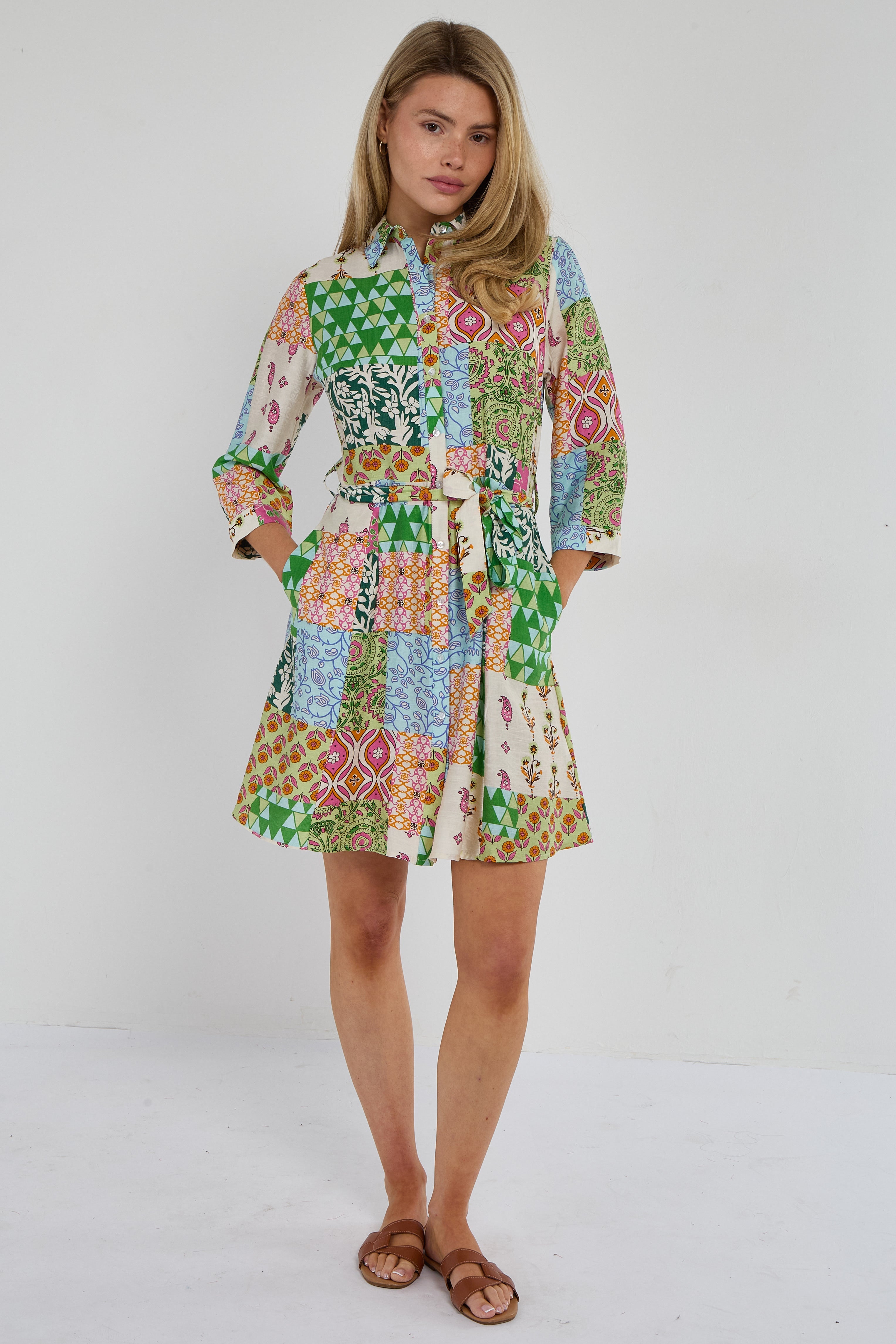 8Pcs Multicolour Patchwork Print Mini Shirt Dress