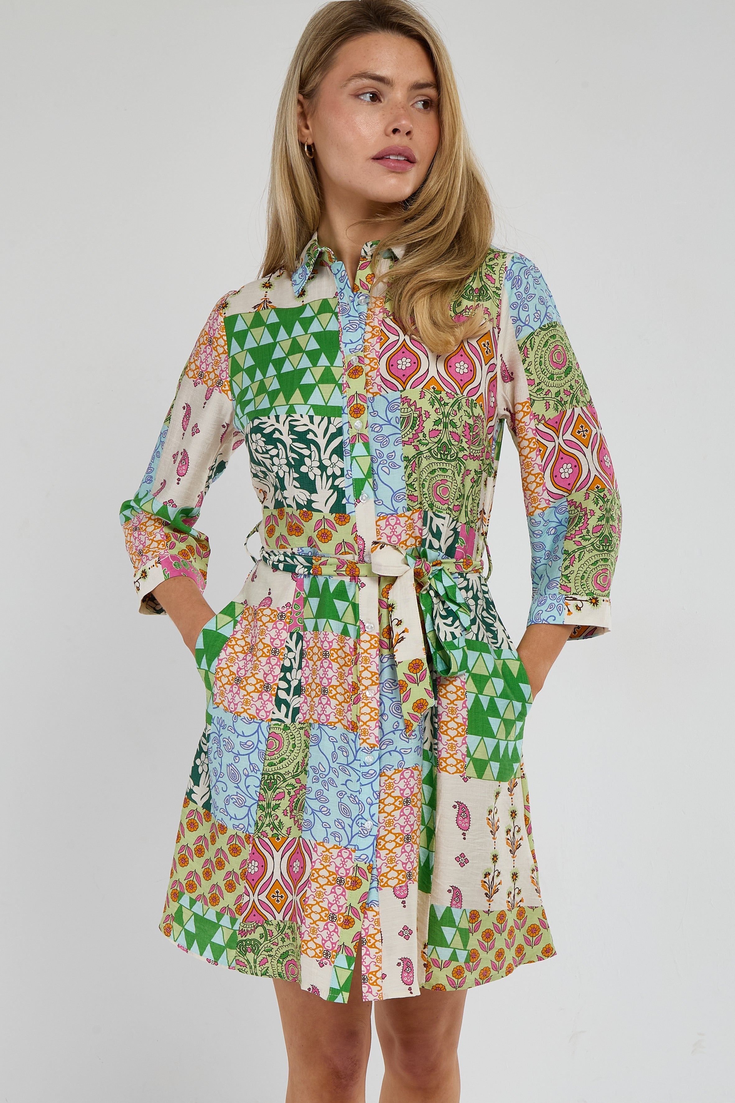 8Pcs Multicolour Patchwork Print Mini Shirt Dress