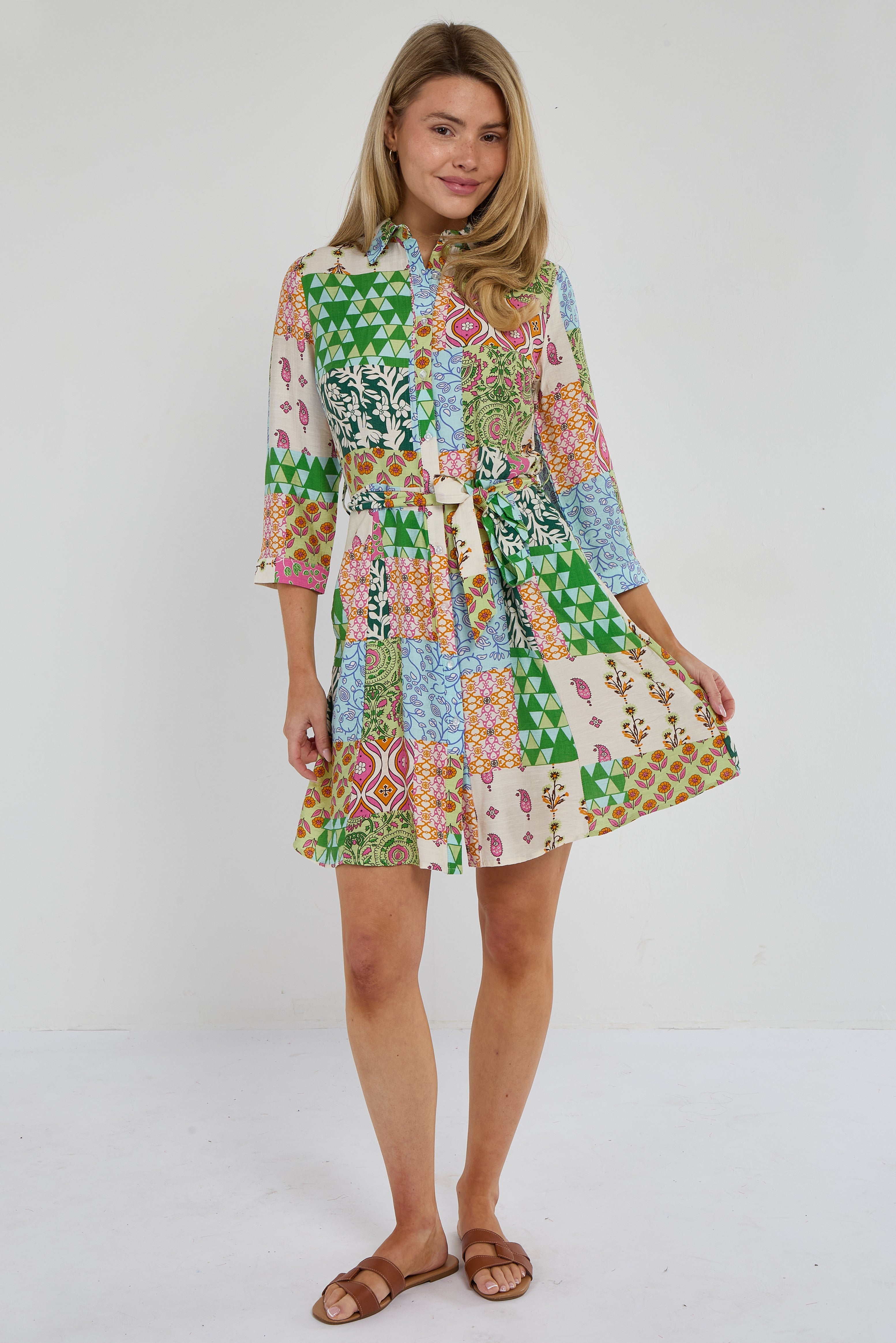 8Pcs Multicolour Patchwork Print Mini Shirt Dress