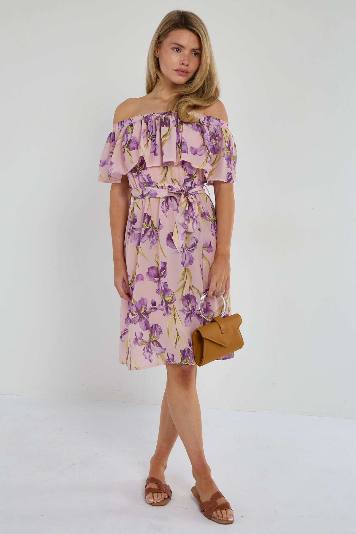 6Pcs Purple Iris Floral Off-Shoulder Miini Dress
