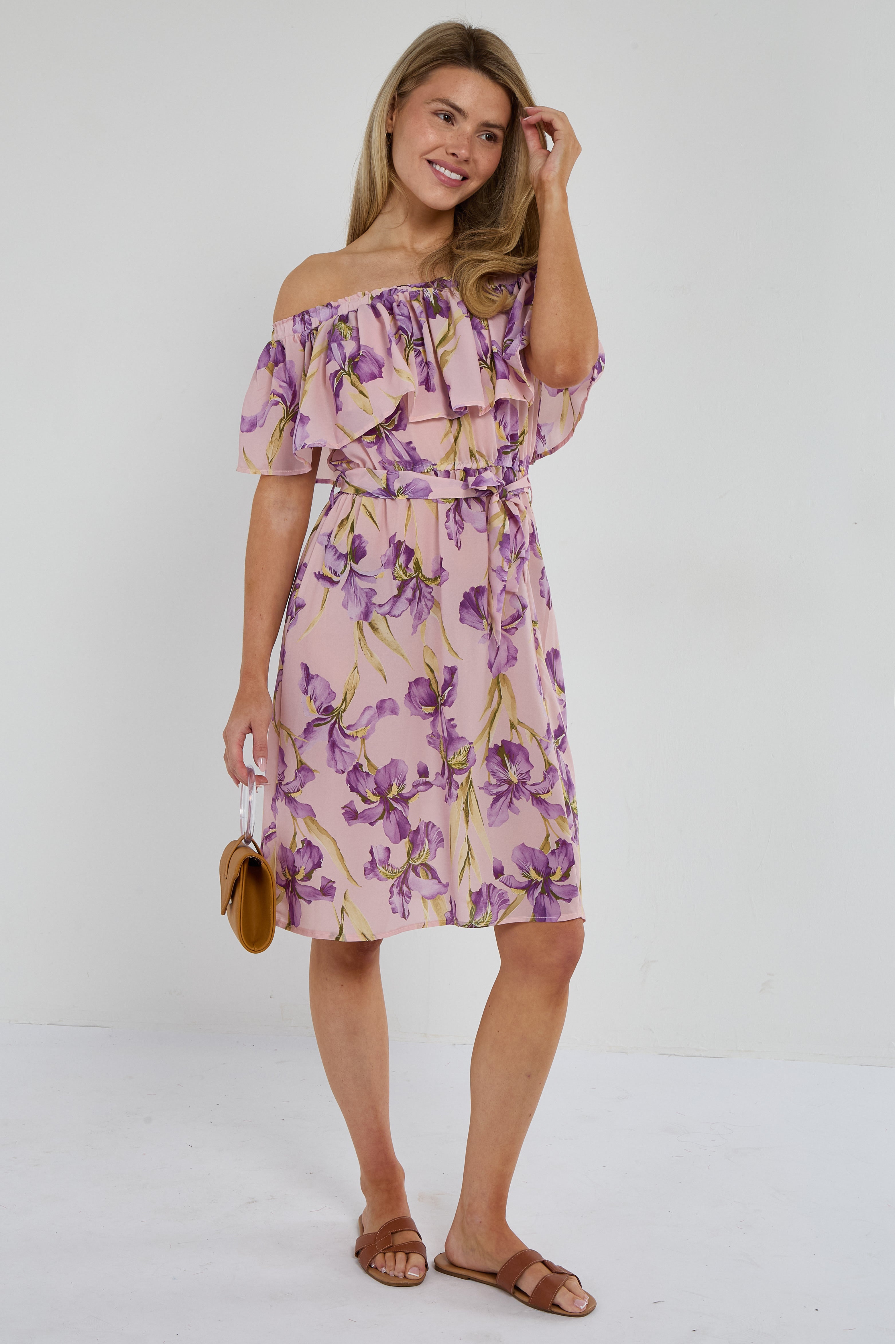6Pcs Purple Iris Floral Off-Shoulder Miini Dress