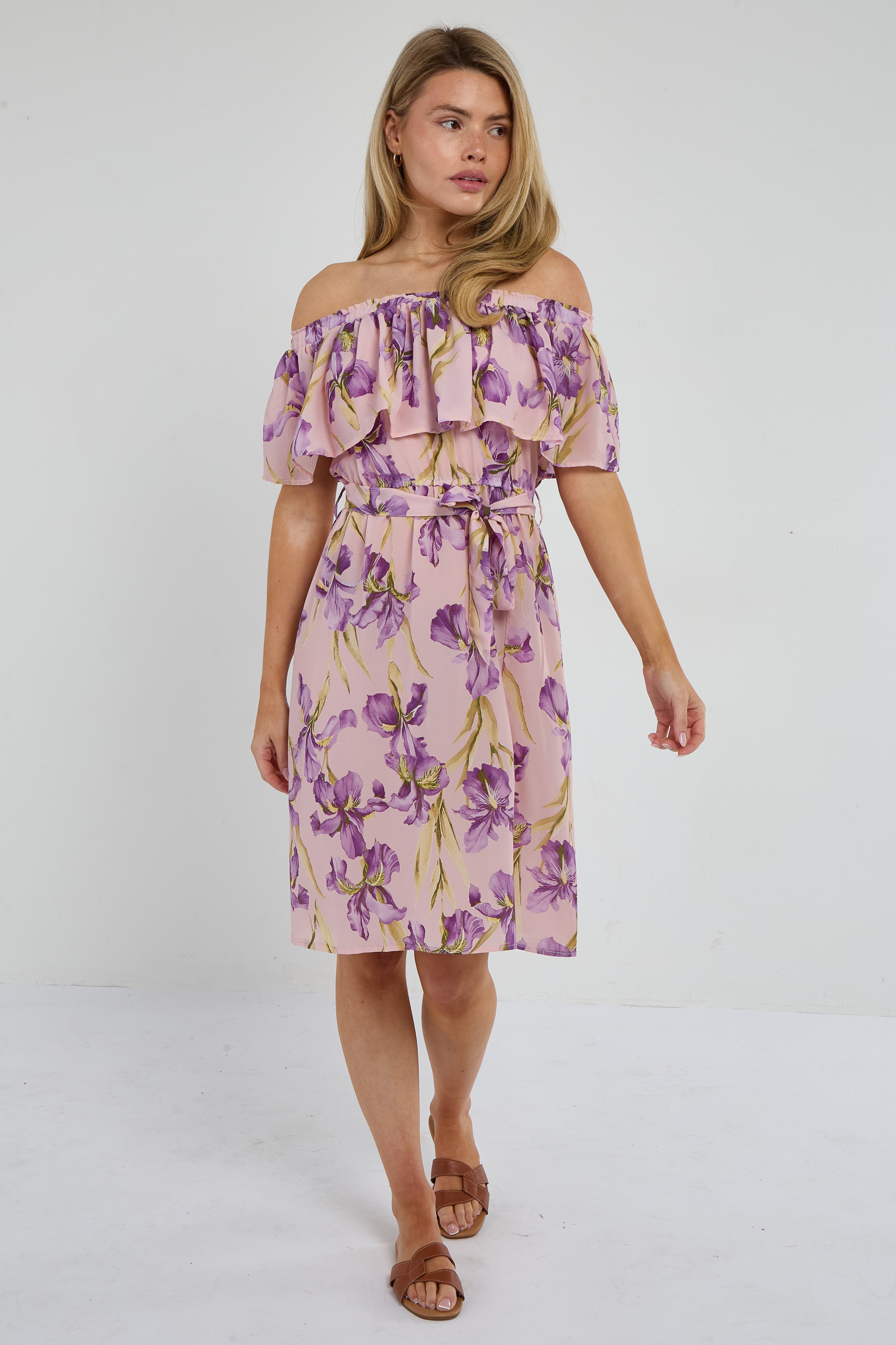 6Pcs Purple Iris Floral Off-Shoulder Miini Dress