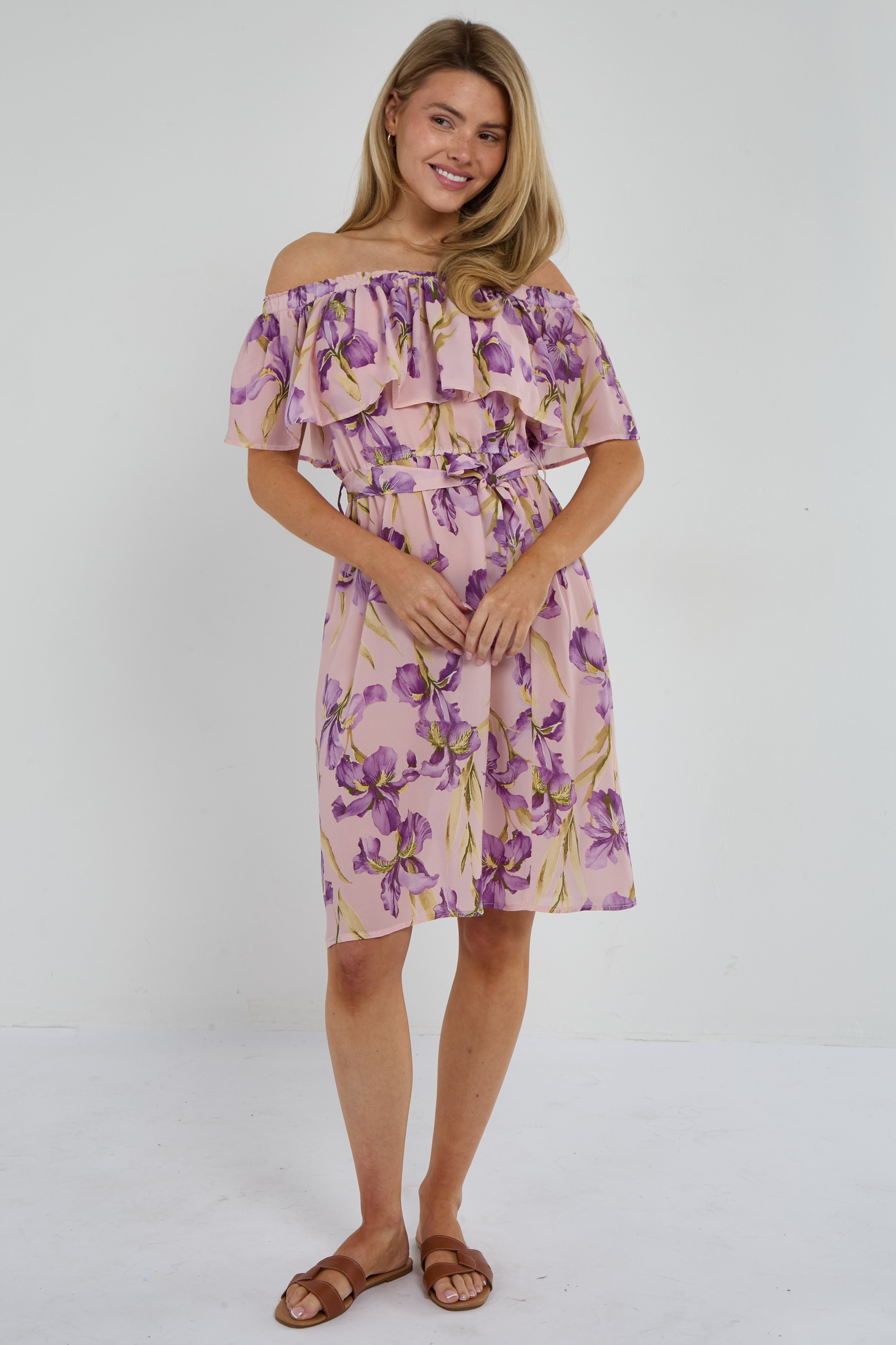 6Pcs Purple Iris Floral Off-Shoulder Miini Dress